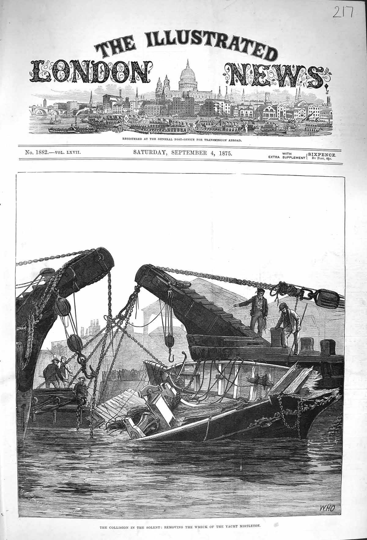 Original Old Antique Print 1875 Collision Solent Ship Wreck Yacht Mistletoe