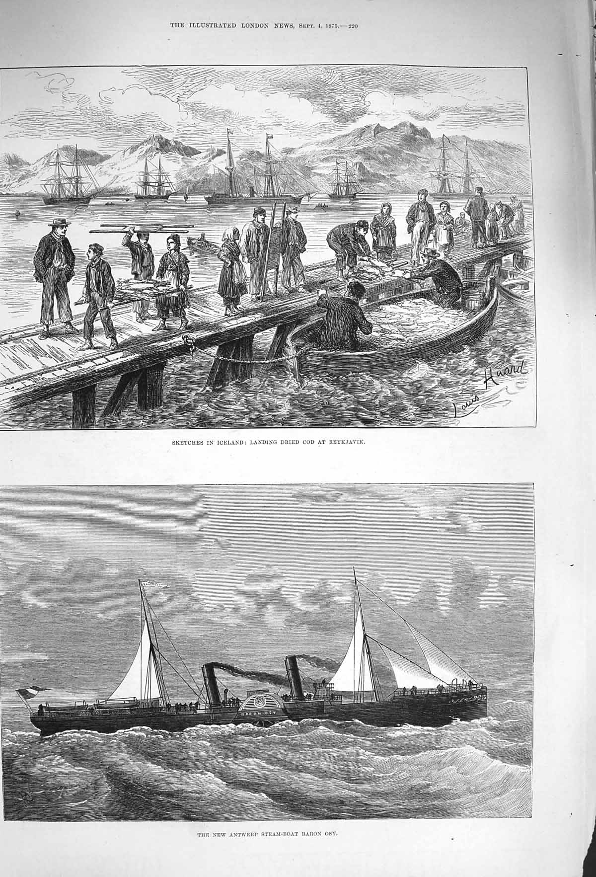 Old Antique Print 1875 Iceland Landing Dried Cod Reykjavik Baron Osy Ship 19th