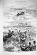 Original Old Antique Print 1875 Captain Webb Swim English Channel Calais 19th