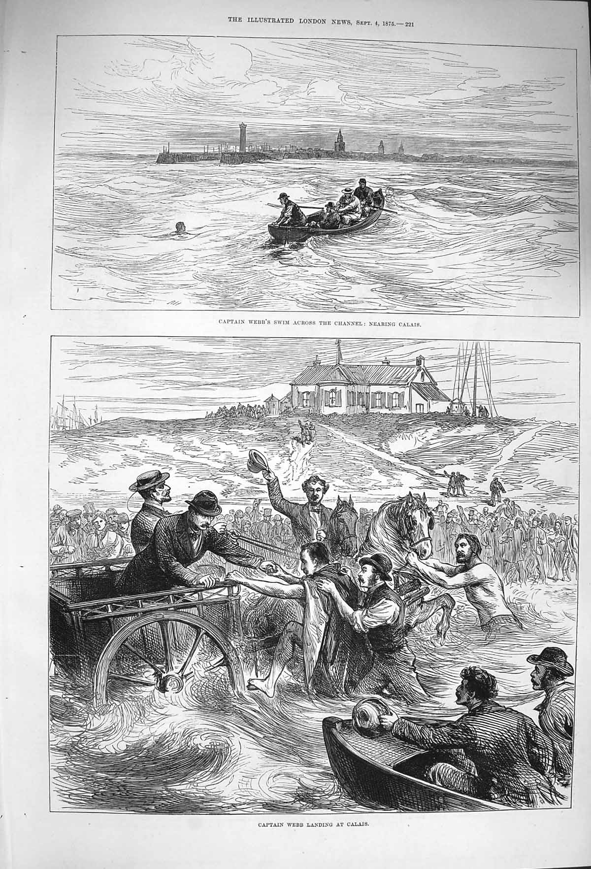 Original Old Antique Print 1875 Captain Webb Swim English Channel Calais 19th