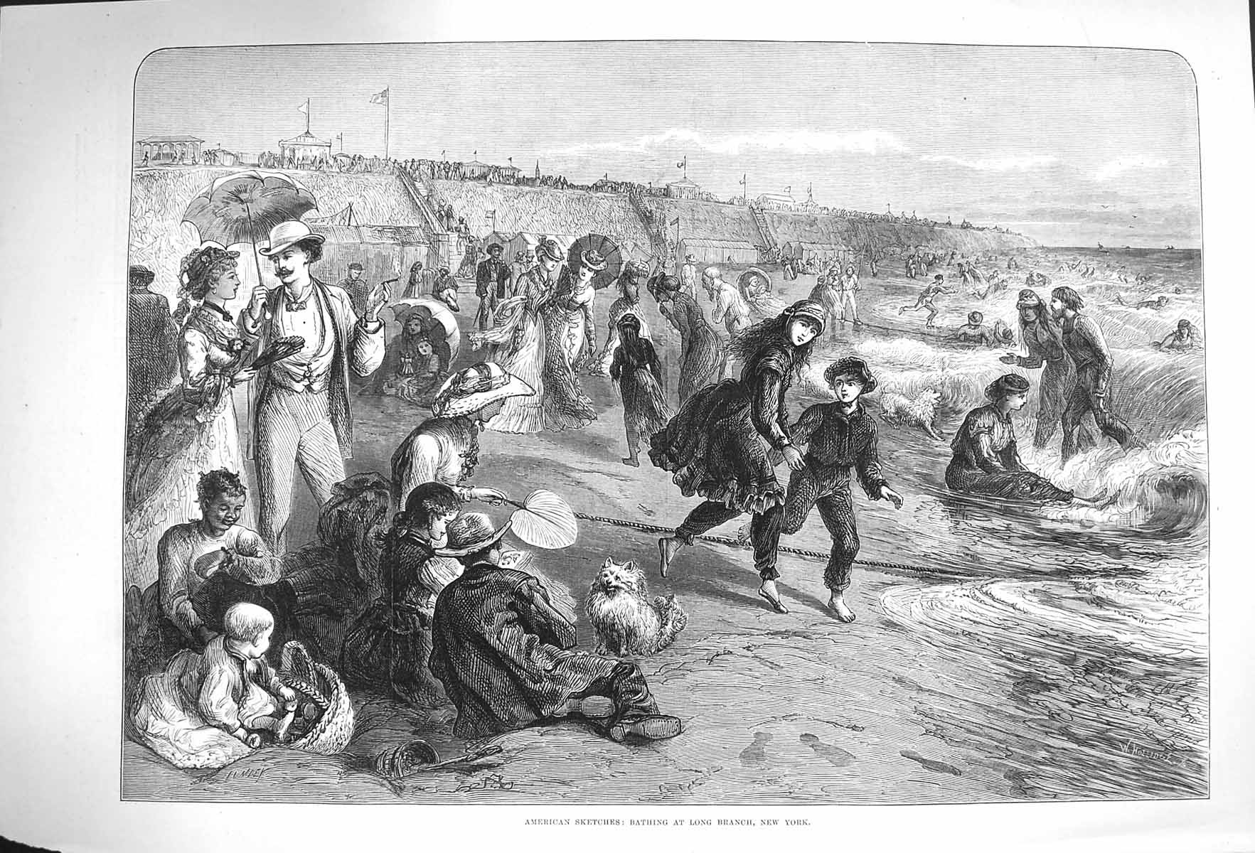 Original Old Antique Print 1875 Bathing Scene Long Branch New York America 19th