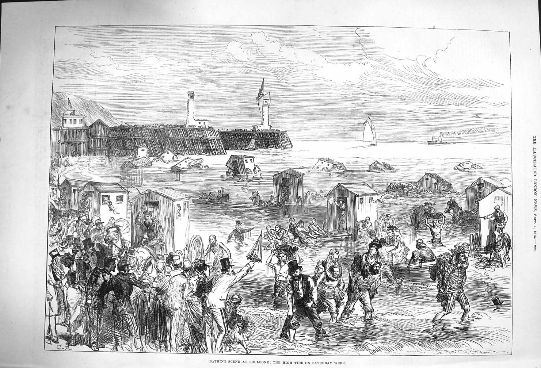 Original Old Antique Print 1875 Bathing Scene Boulogne France Lighthouse Sea