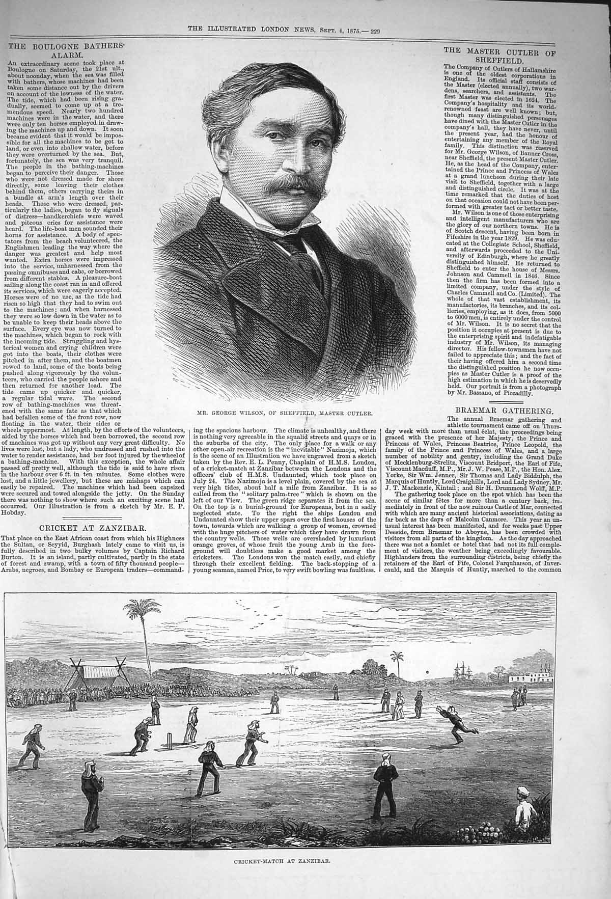 Original Old Antique Print 1875 George Wilson Sheffield Cricket Match Zanzibar