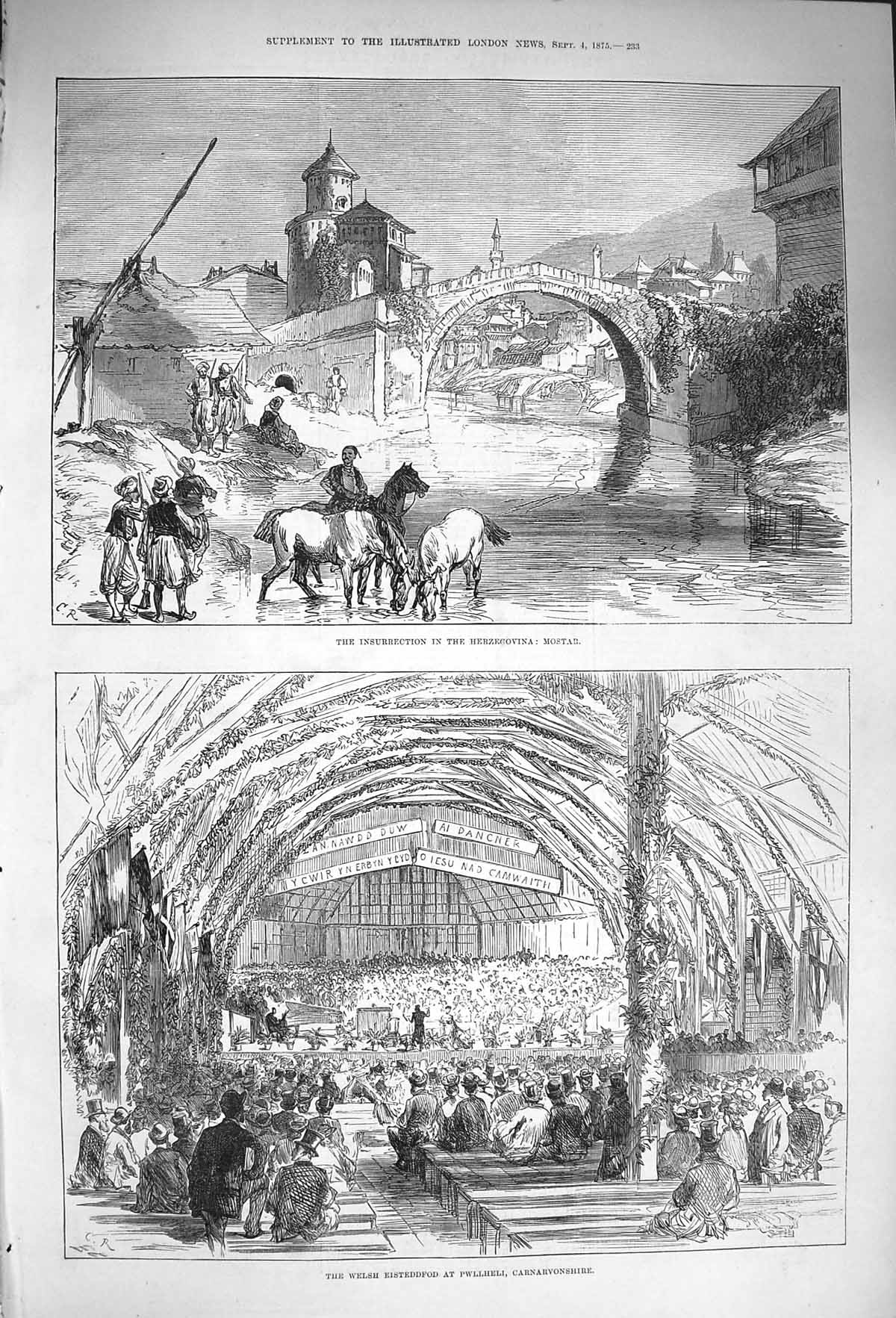 Old Antique Print 1875 Insurrection Herzegovina Mostar Welsh Eisteddfod 19th