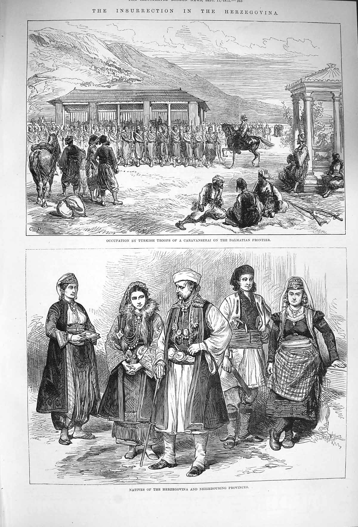 Original Old Antique Print 1875 Herzegovina Turkish Army Dalmatian Caravanserai