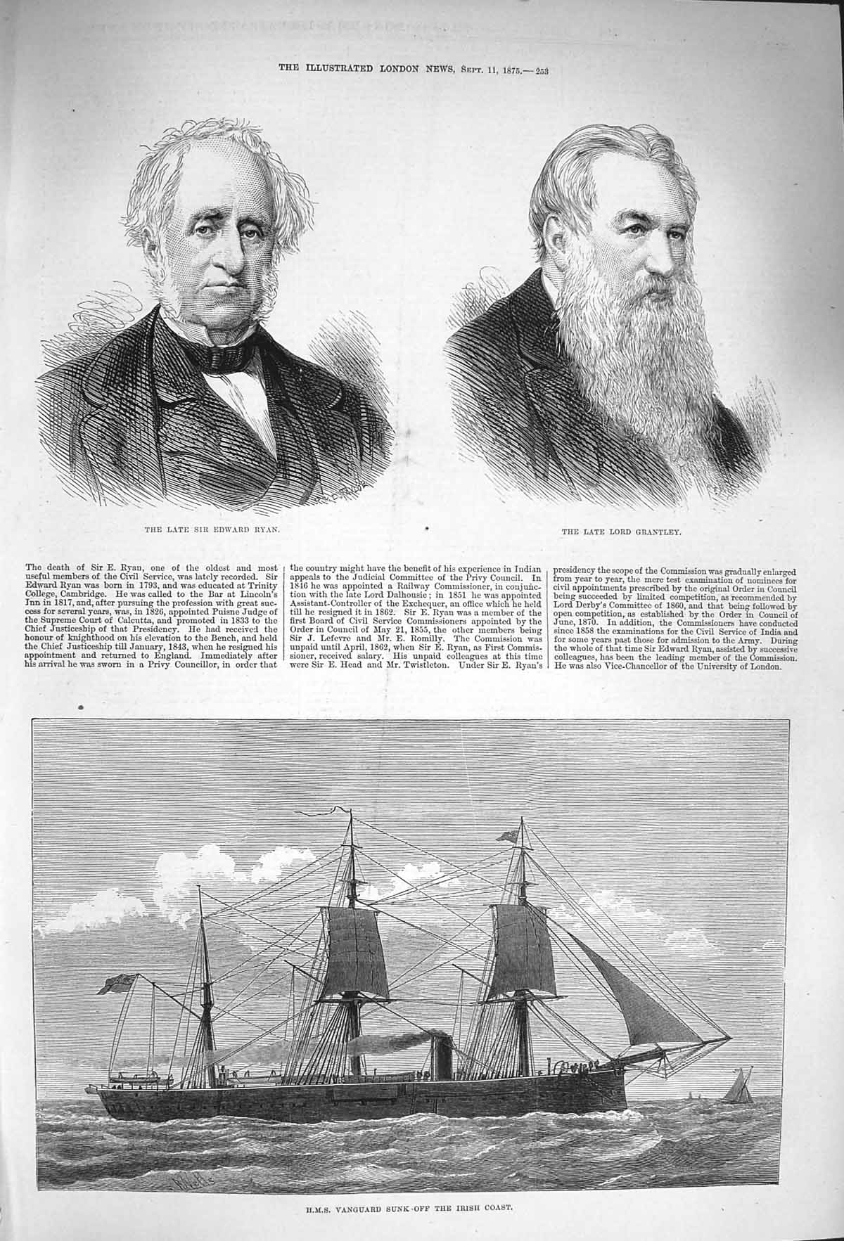 Original Old Antique Print 1875 Ship Vanguard Ireland Edward Ryan Lord G 19th