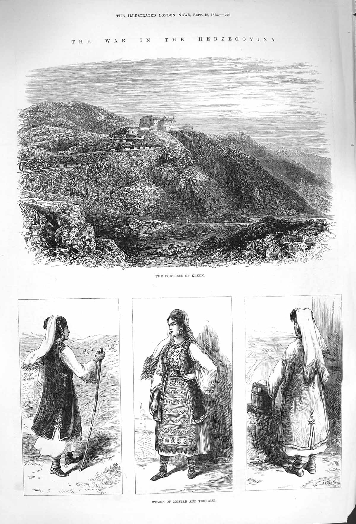 Original Old Antique Print 1875 War Herzegovina Fortress Kleck Women Mostar