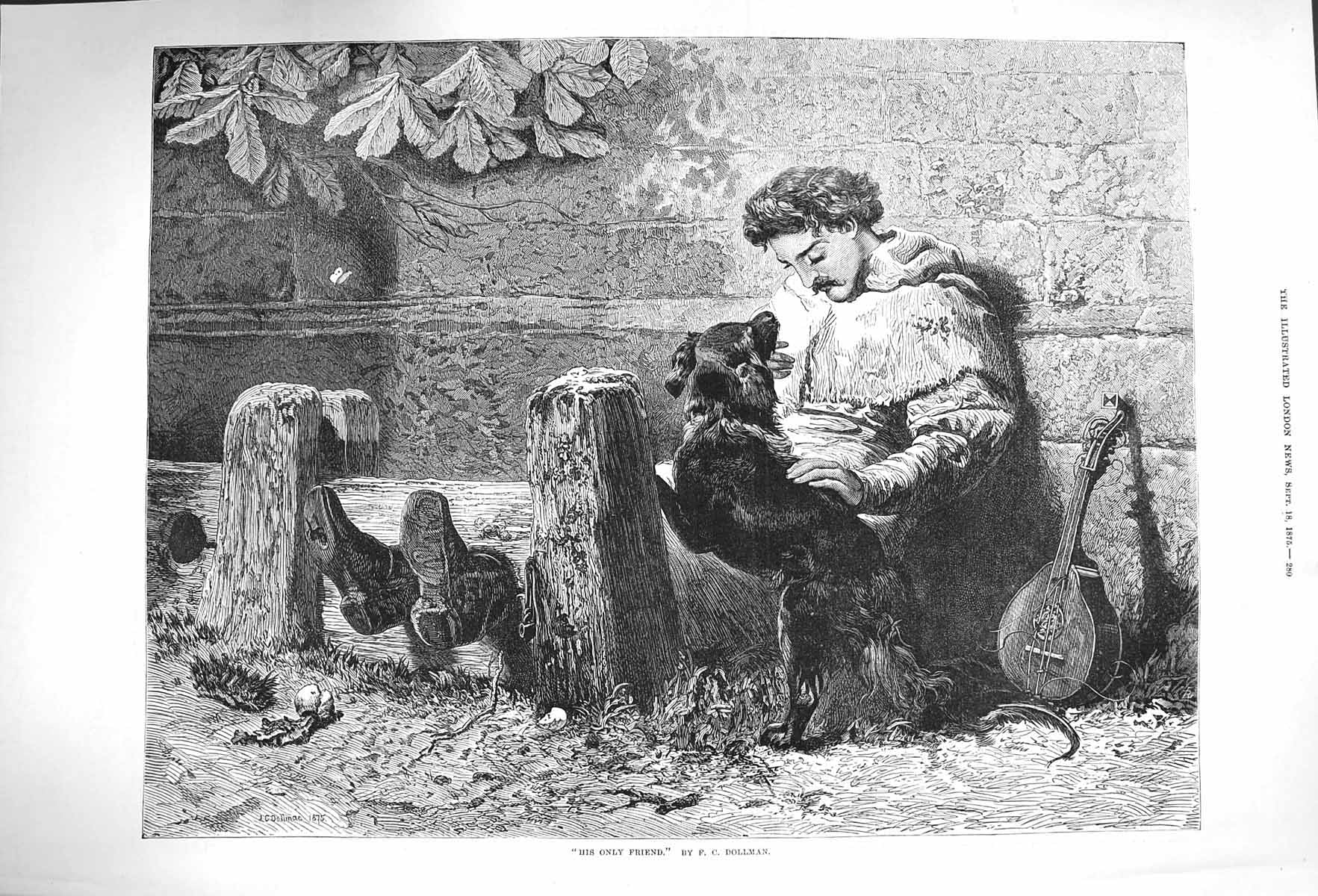 Original Old Antique Print 1875 Music Man Stocks Puppy Dog Dollman Fine Art