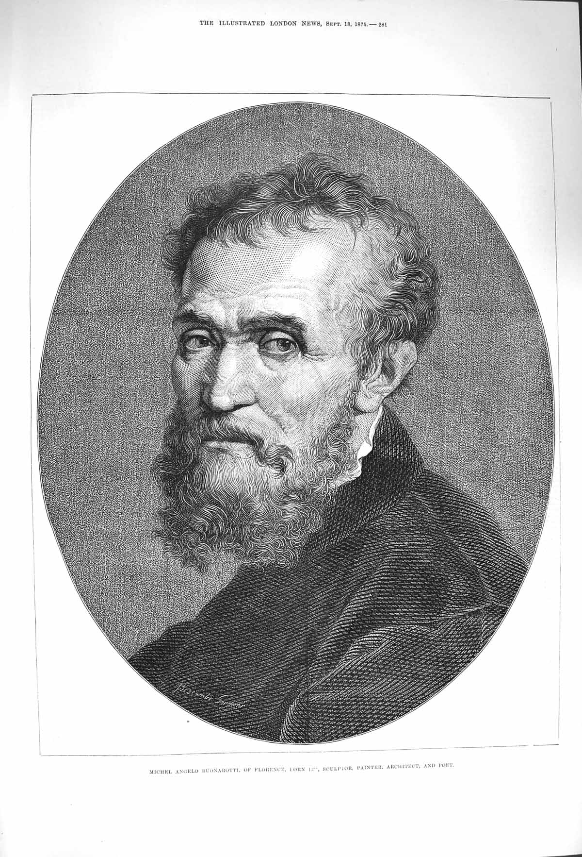 Original Old Antique Print 1875 Michel Angelo Buonarotti Florence Sculptor Poet