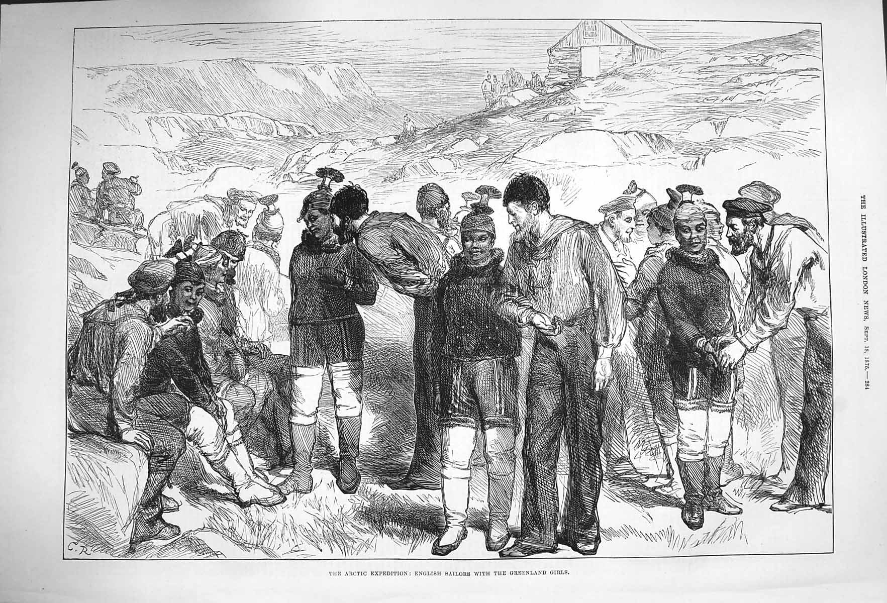 Antique Print *4007 1875 Arctic Expedition English Sailors Greenland Girls