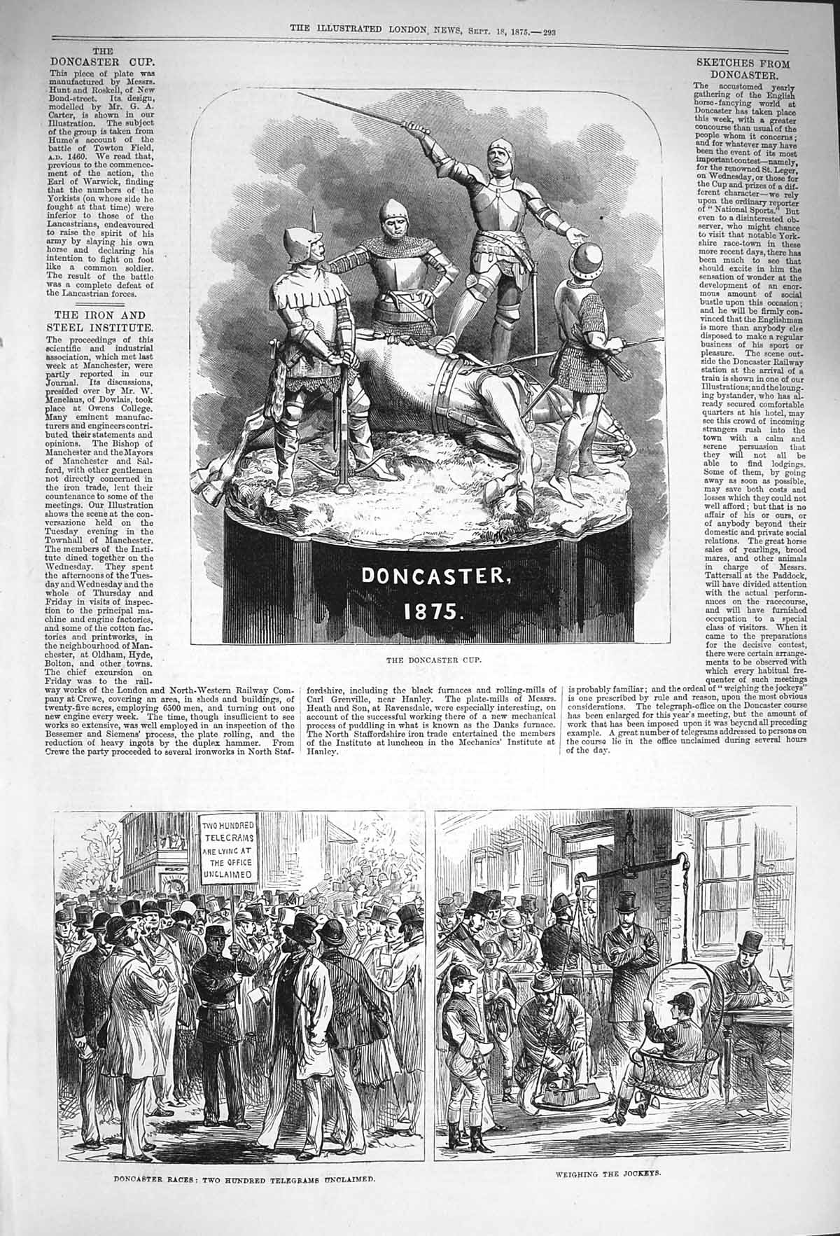 Original Old Antique Print 1875 Doncaster Cup Races Telegrams Weighing Jockeys
