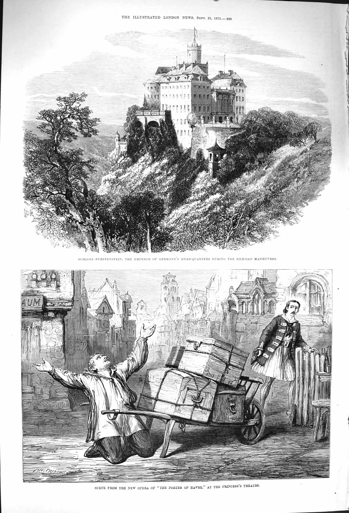 Old Antique Print 1875 Schloss Furstenstein German Emperor Theatre Opera 19th