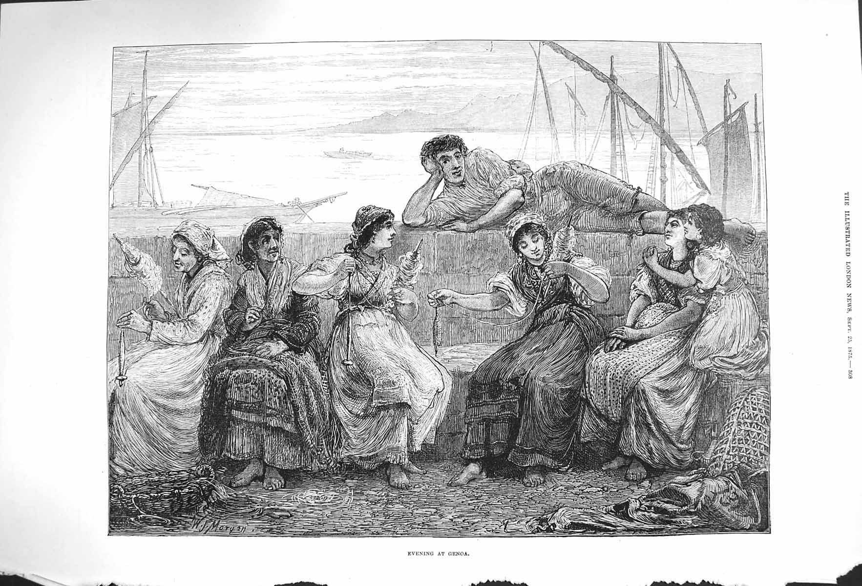 Original Old Antique Print 1875 Evening Scene Genoa Ladies Spinning Wool 19th