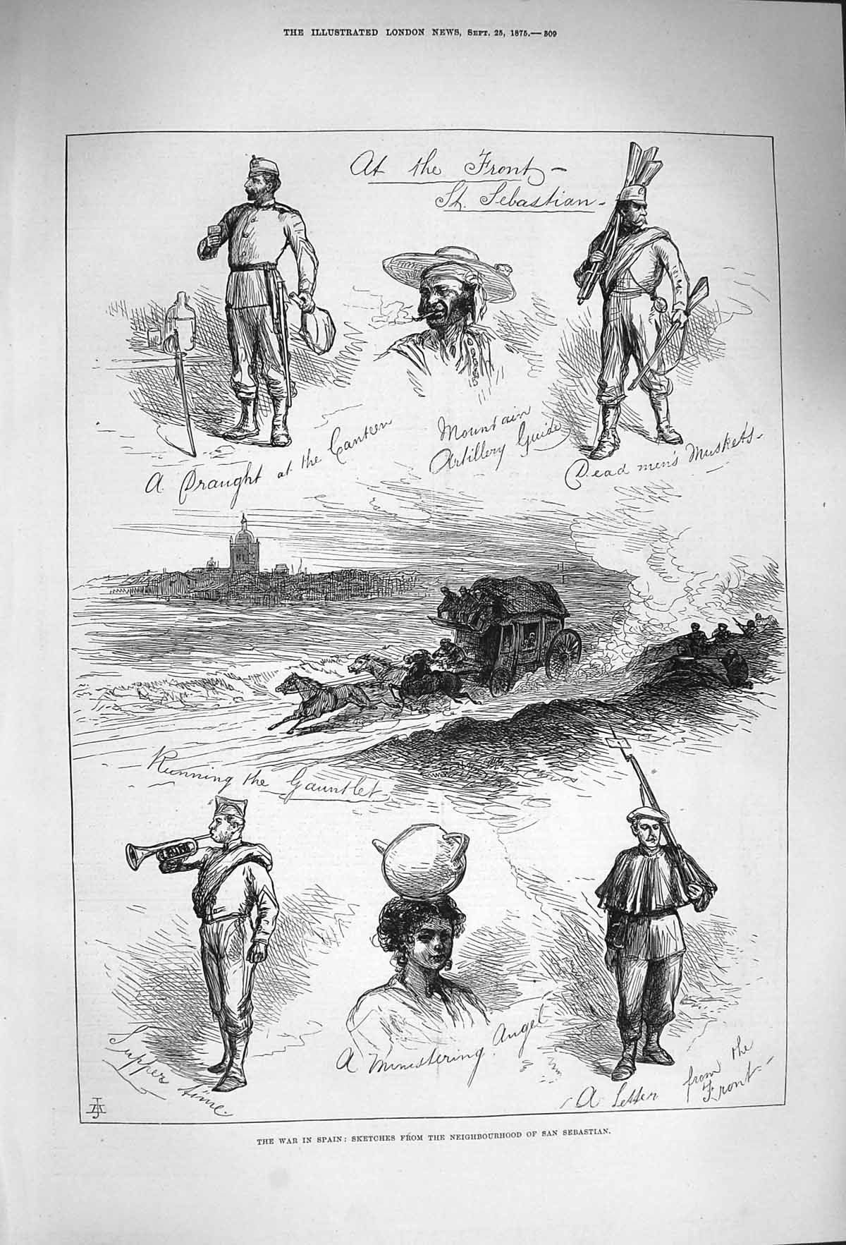 Original Old Antique Print 1875 War Spain San Sebastian Horses Carriage Siers