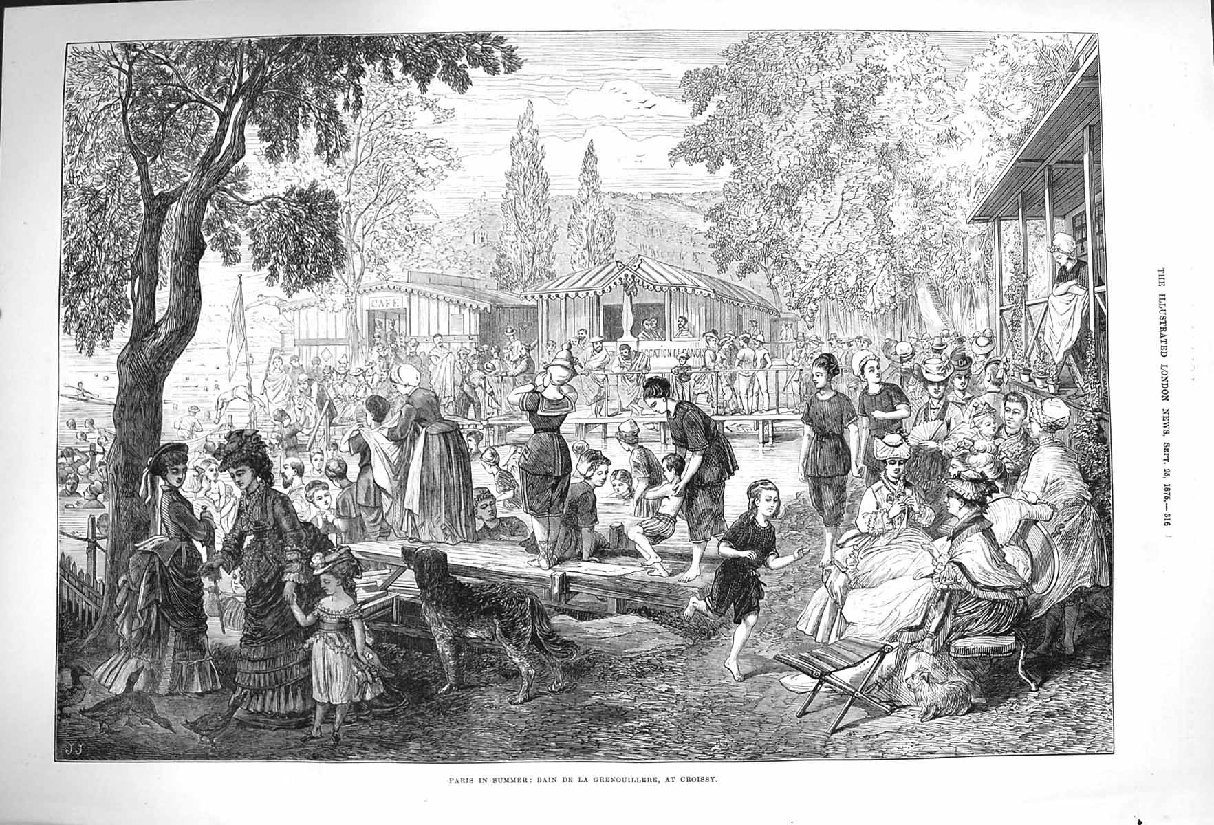 Old Antique Print 1875 Paris Scene Bain De La Grenouillere Croissy France 19th