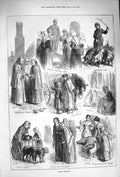 Old Antique Print 1875 Holidays Bruges Pigs Calais Fish Ghent Milk Cart 19th