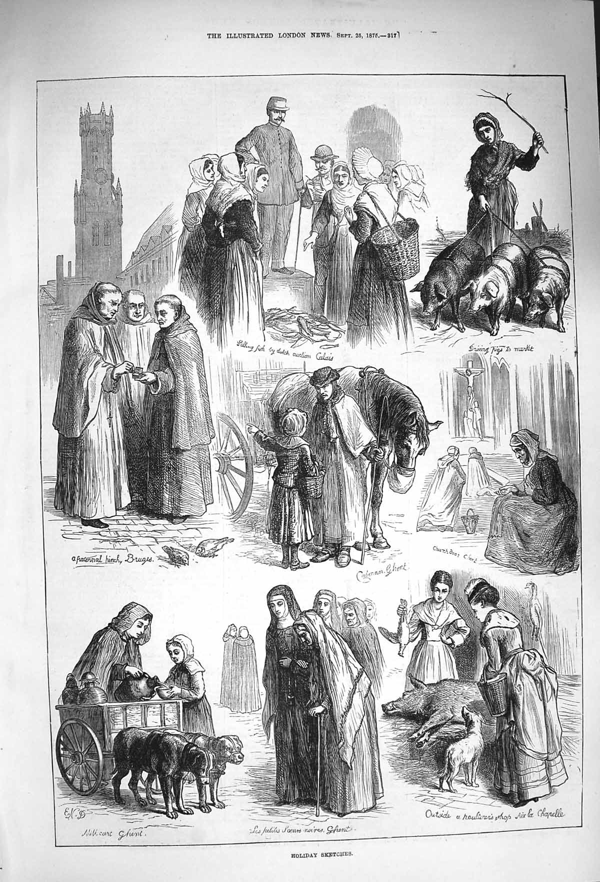 Old Antique Print 1875 Holidays Bruges Pigs Calais Fish Ghent Milk Cart 19th