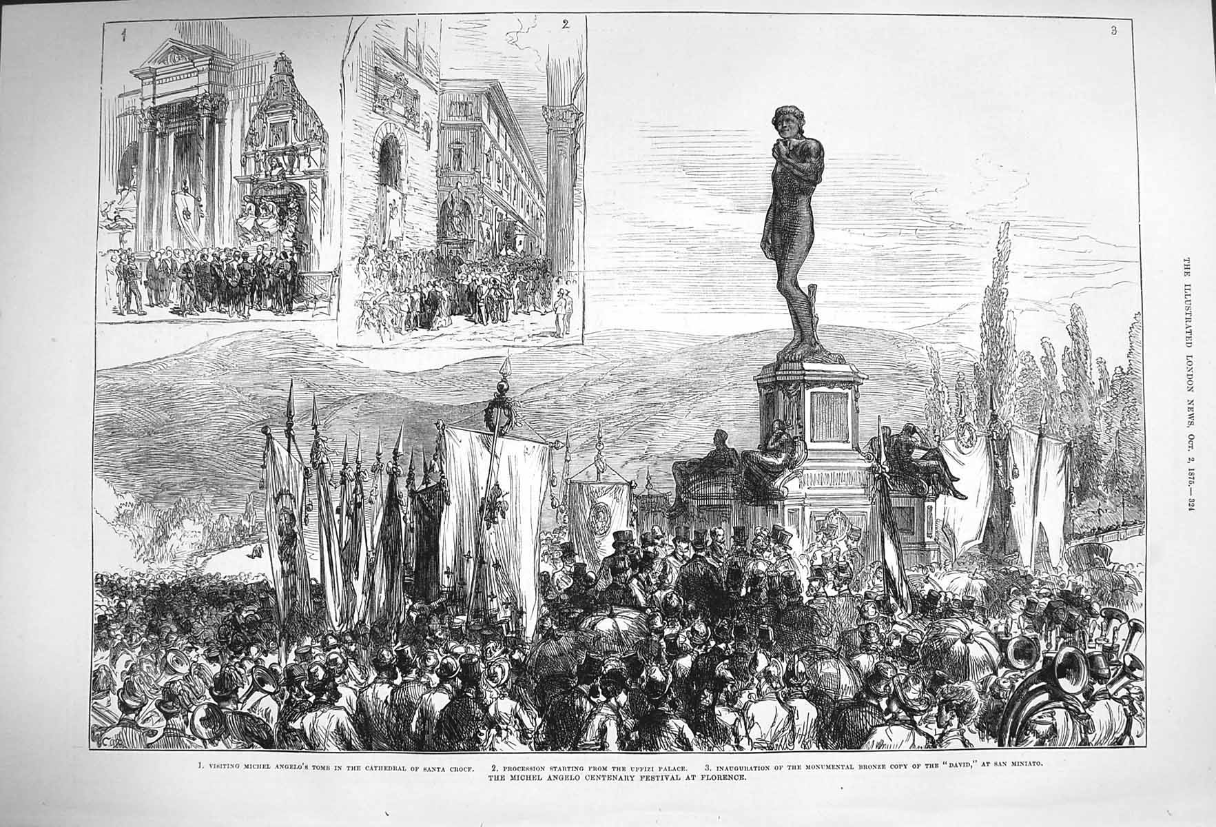 Original Old Antique Print 1875 Michel Angelo Festival Florence Cathedral Croce