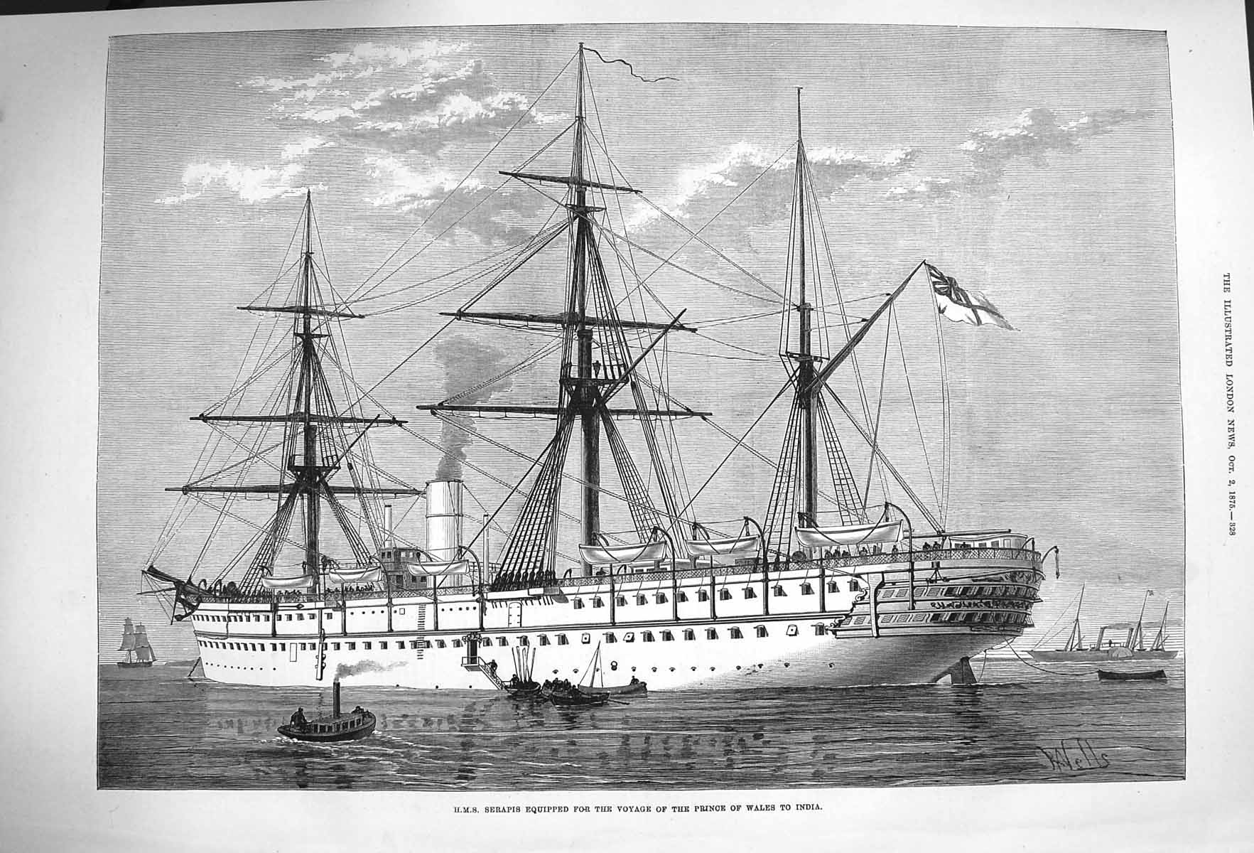 Original Old Antique Print 1875 Ship H.M.S. Serapis Voyage Prince Wales India