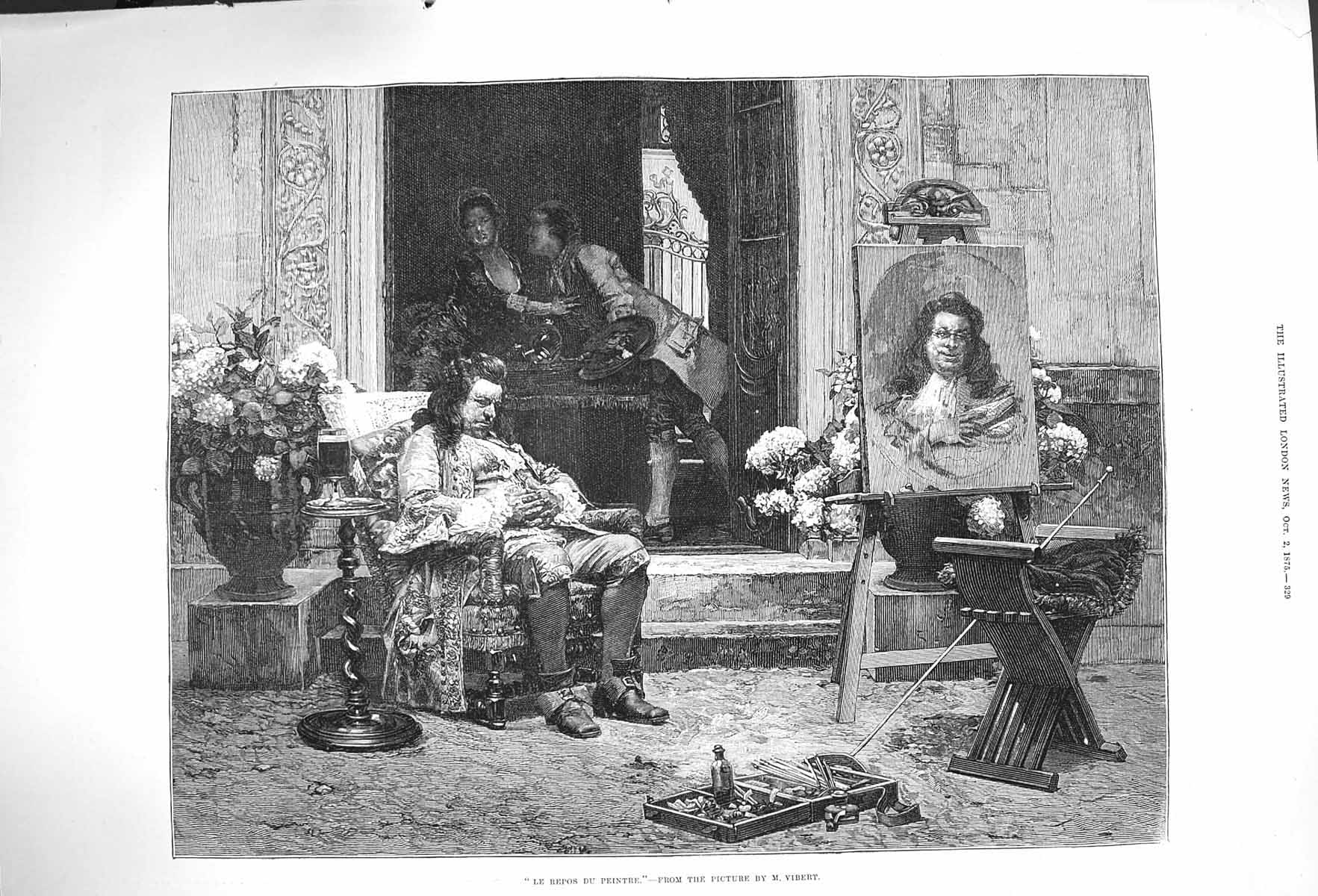 Old Antique Print 1875 Le Repos Du Peintre Art Portrait Painting Vibert 19th