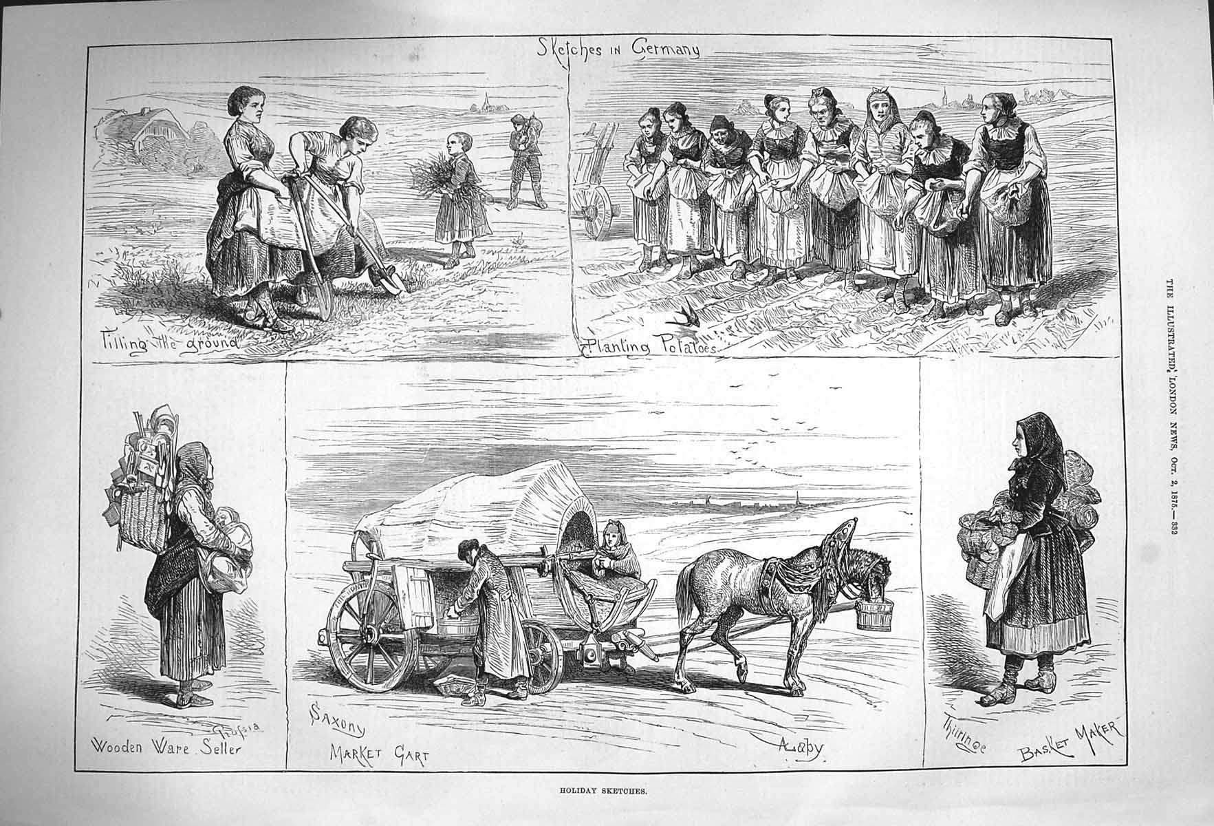 Old Antique Print 1875 Holiday Germany Tilling Ground Saxony Market Cart 19th