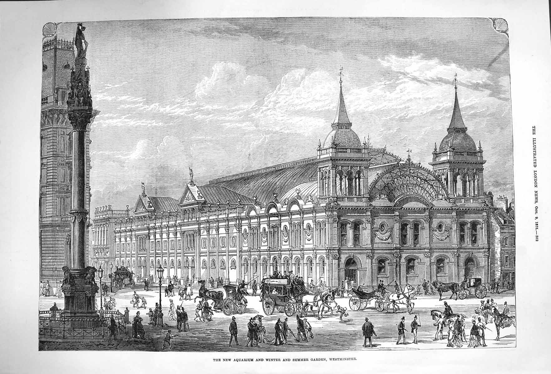 Original Old Antique Print 1875 Damaged New Aquarium Winter Summer Garden West