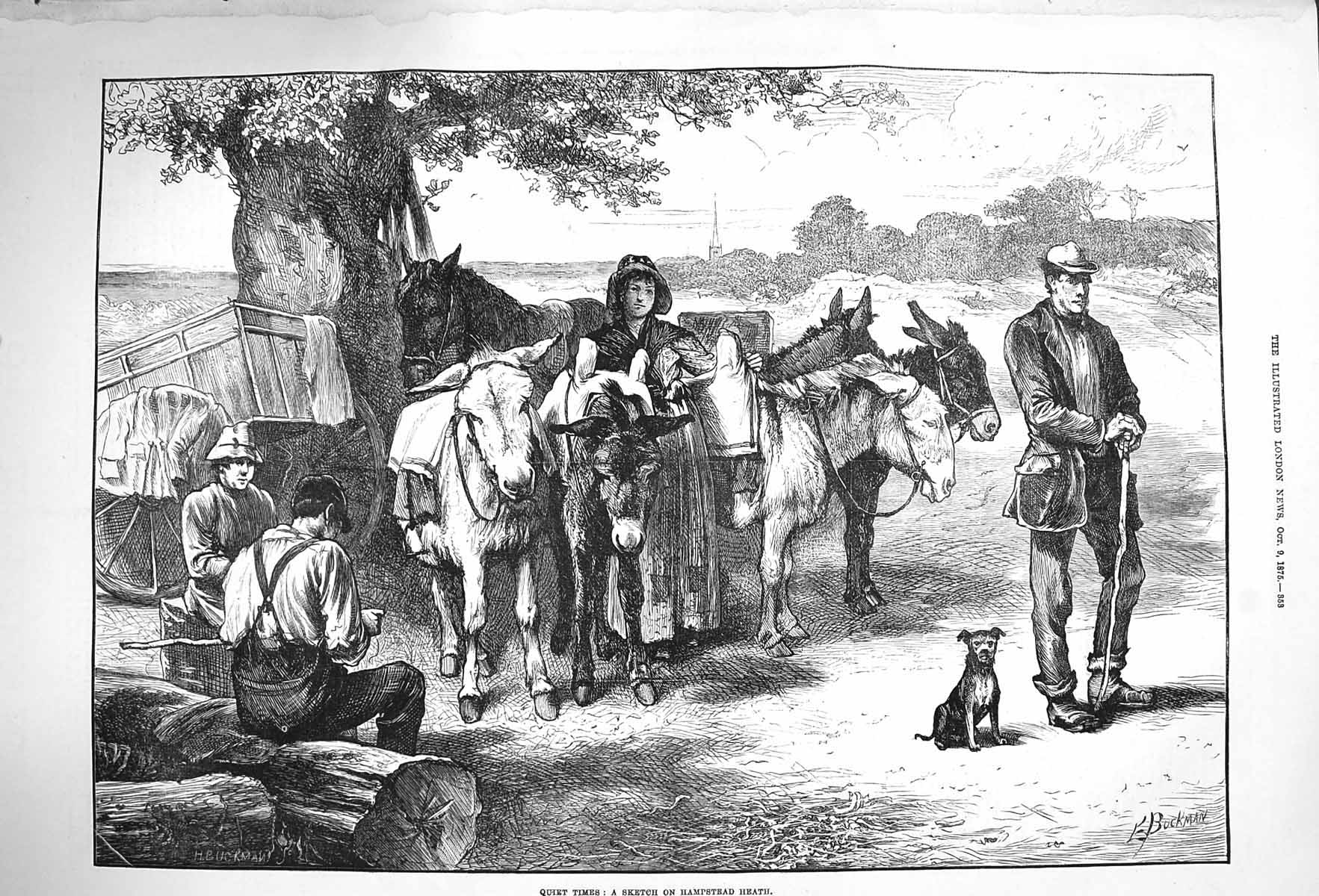 Original Old Antique Print 1875 Hampstead Heath Donkeys Horses 19th