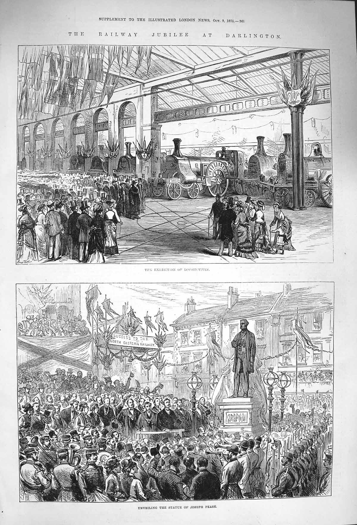 Original Old Antique Print 1875 Railway Jubilee Darlington Trains Josep 19th