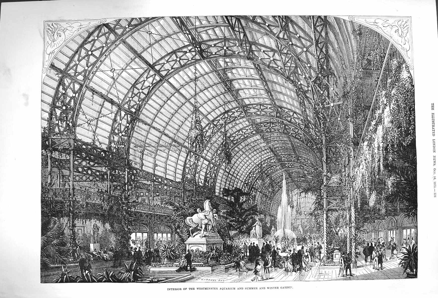 Original Old Antique Print 1875 Interior Westminster Aquarium Summer Garden
