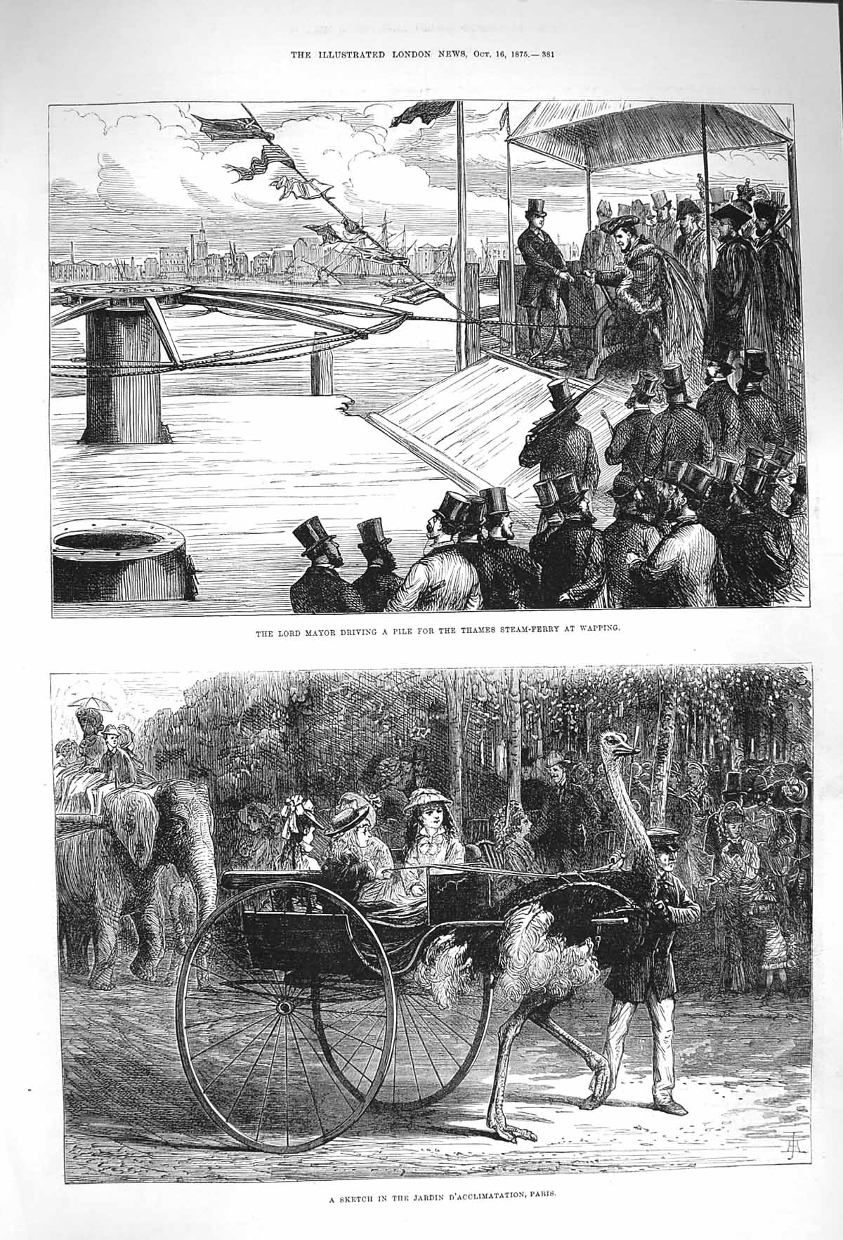 Original Old Antique Print 1875 Lord Mayor Thames Steam Ferry Wapping Ostrich