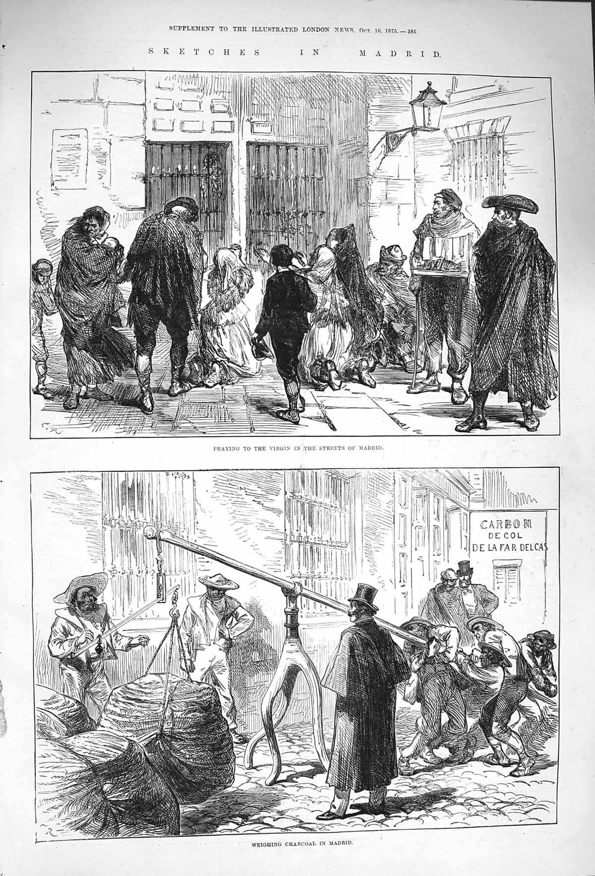Original Old Antique Print 1875 Madrid Weighing Charcoal Praying Virgin Streets