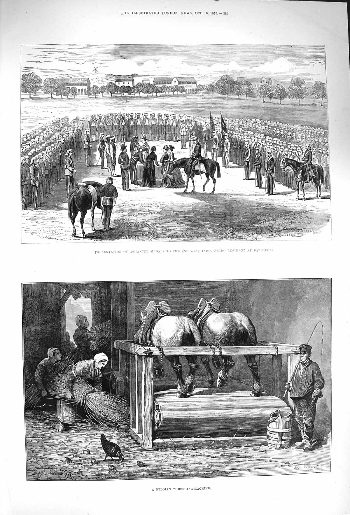 Original Old Antique Print 1875 Ashantee Medals India Negro Barbadoes Threshing