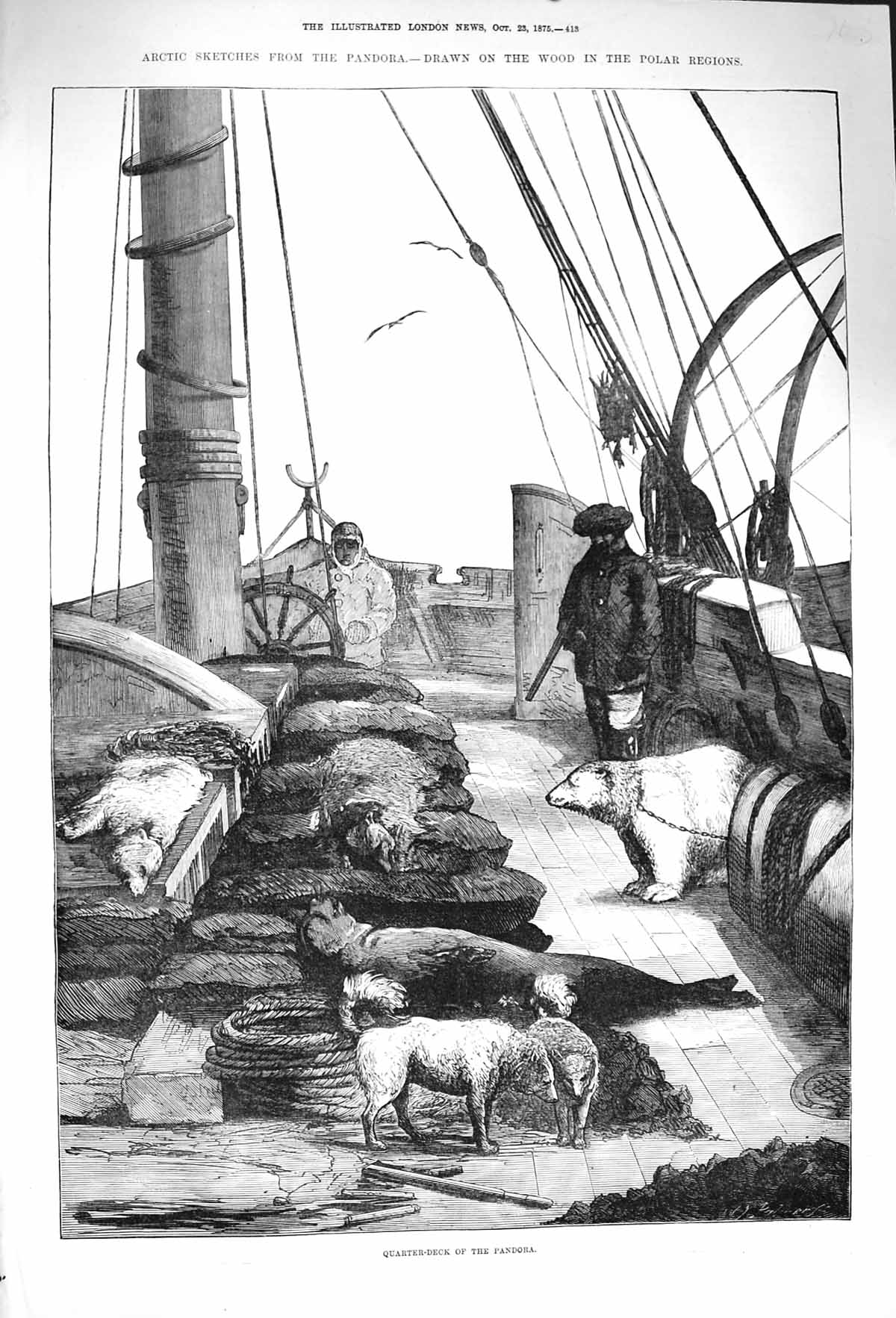 Original Old Antique Print 1875 Quarter Deck Pandora Ship Polar Regions Arctic