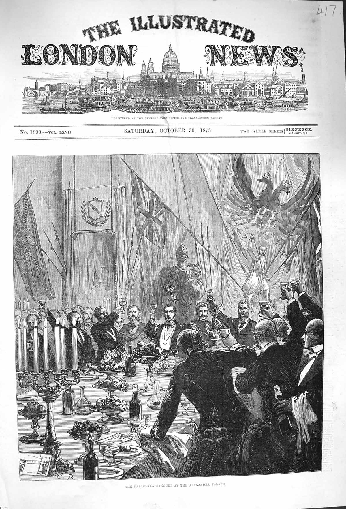 Original Old Antique Print 1875 Balaclava Banquet Alexandra Palace Men Victorian