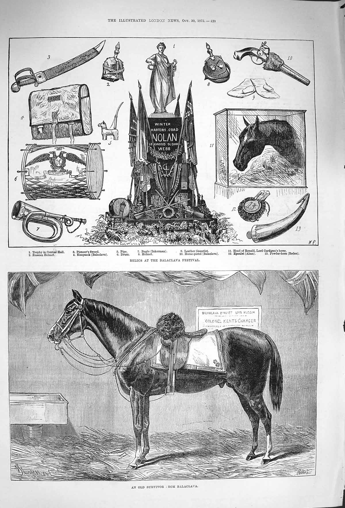 Original Old Antique Print 1875 Balaclava Horse Relics Gauntlet Sword Pipe Drum