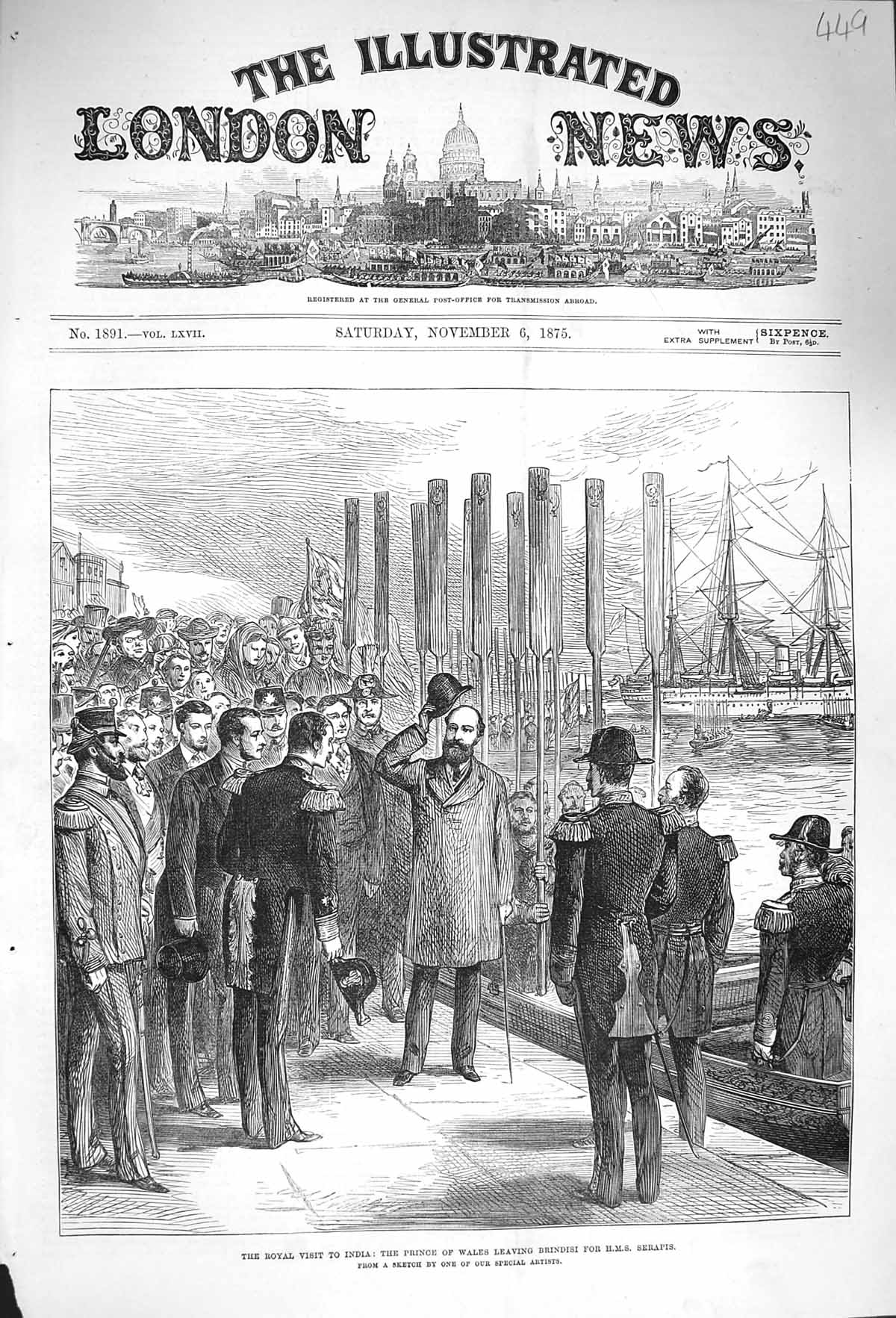 Original Old Antique Print 1875 Visit India Prince Wales Brindisi Serapis Ship
