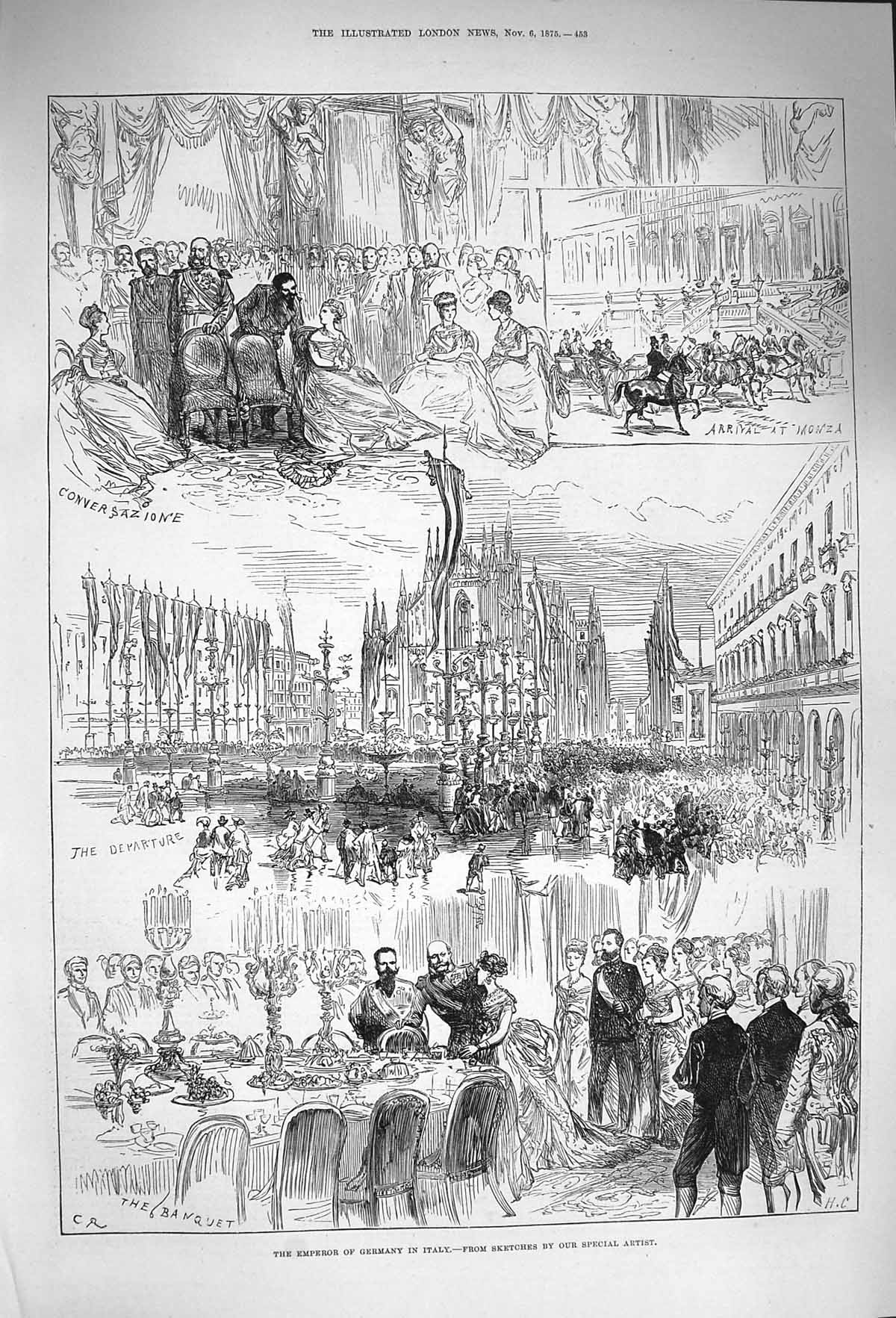 Old Antique Print 1875 Emperor Germany Italy Monza Banquet Architecture 19th