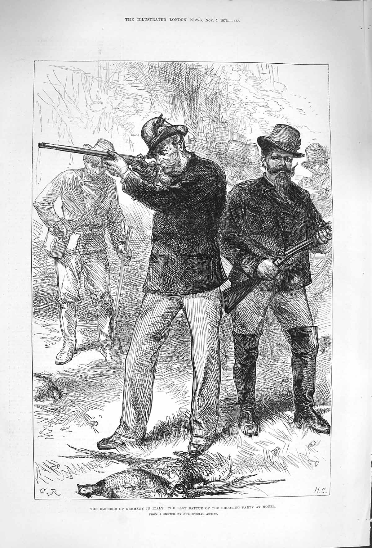 Original Old Antique Print 1875 Emperor Germany Italy Shooting Party Monza 19th