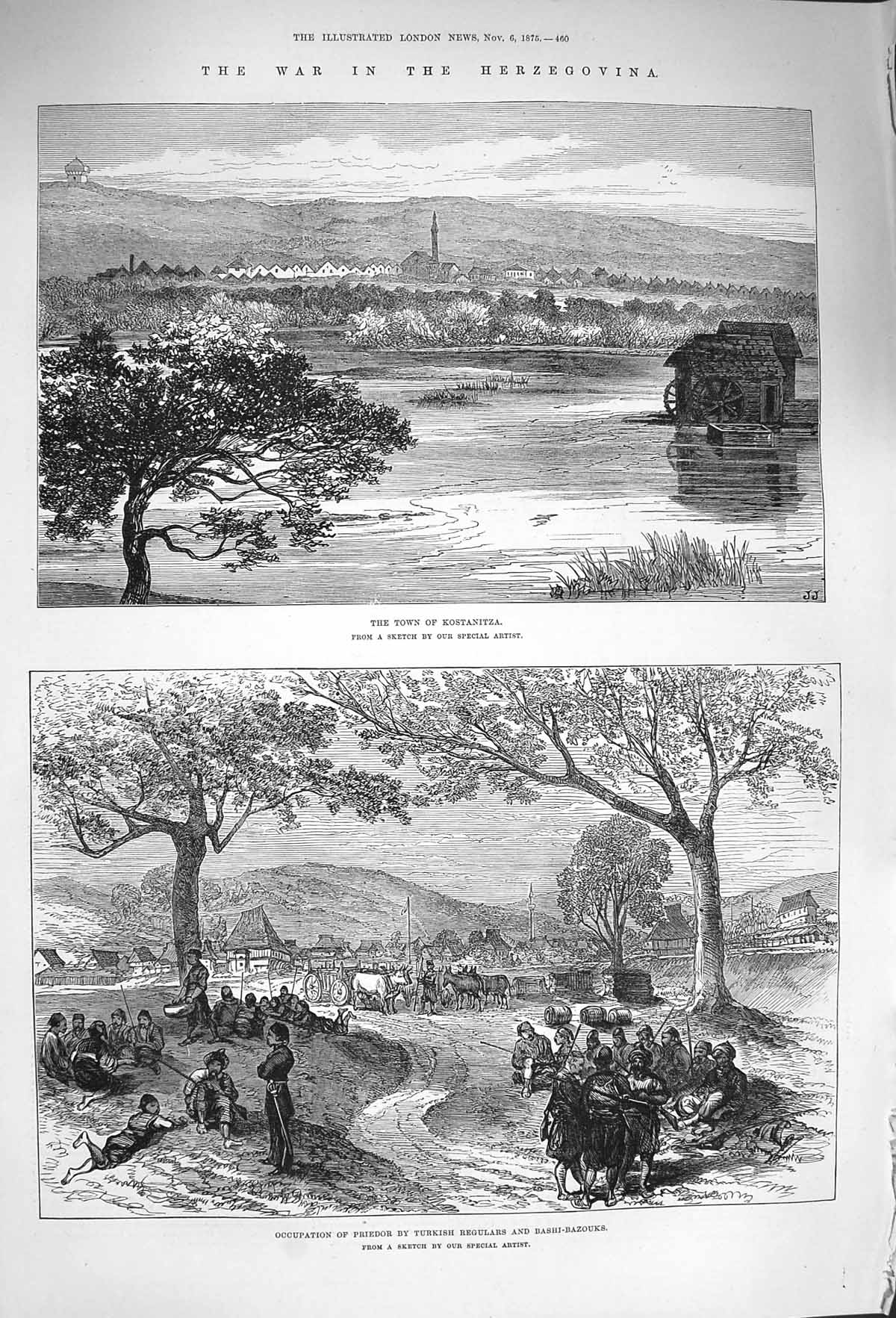 Old Antique Print 1875 War Herzegovina Kostanitza Bashi-Bazouks Priedor 19th