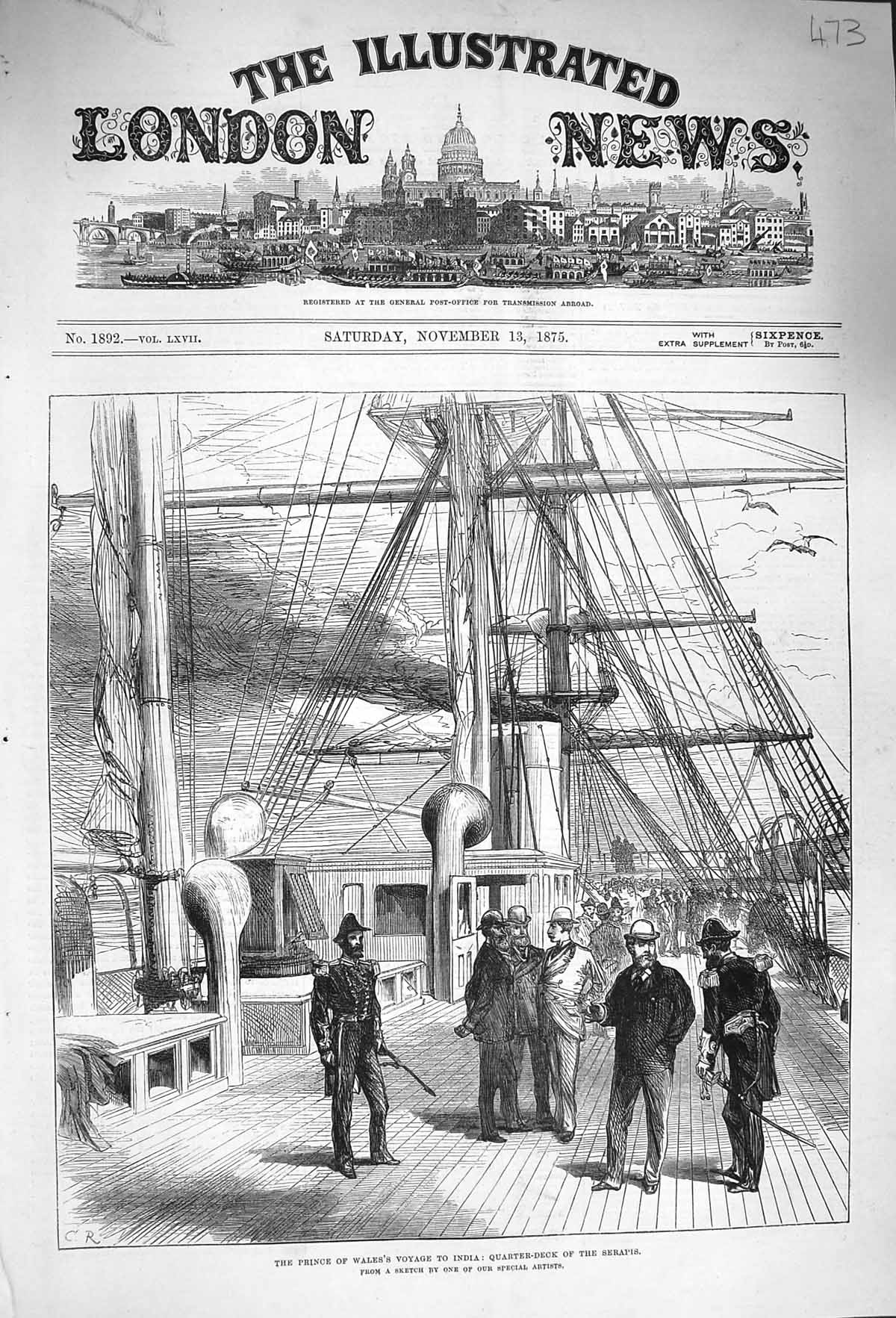 Old Antique Print 1875 Prince Wales India Quarter Deck Serapis Ship War 19th