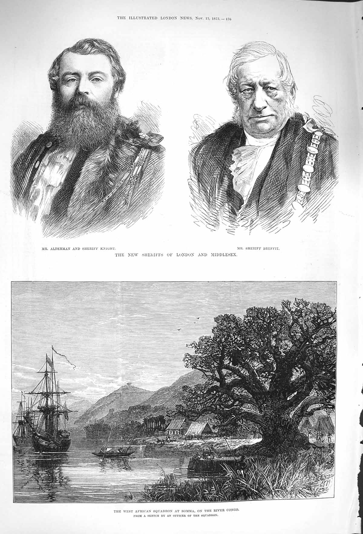 Original Old Antique Print 1875 River Congo Ships Bomma Sheriff Knight Breffit