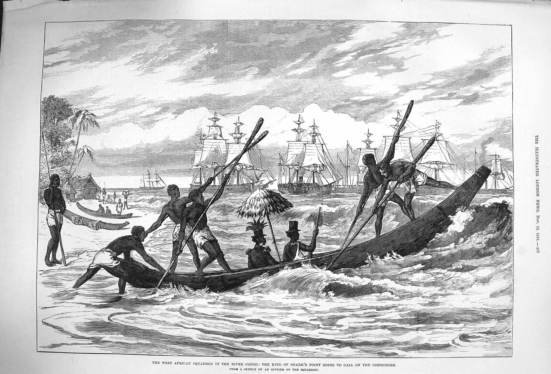 Old Antique Print 1875 African Squadron River Congo King Shark Boat Ships 19th