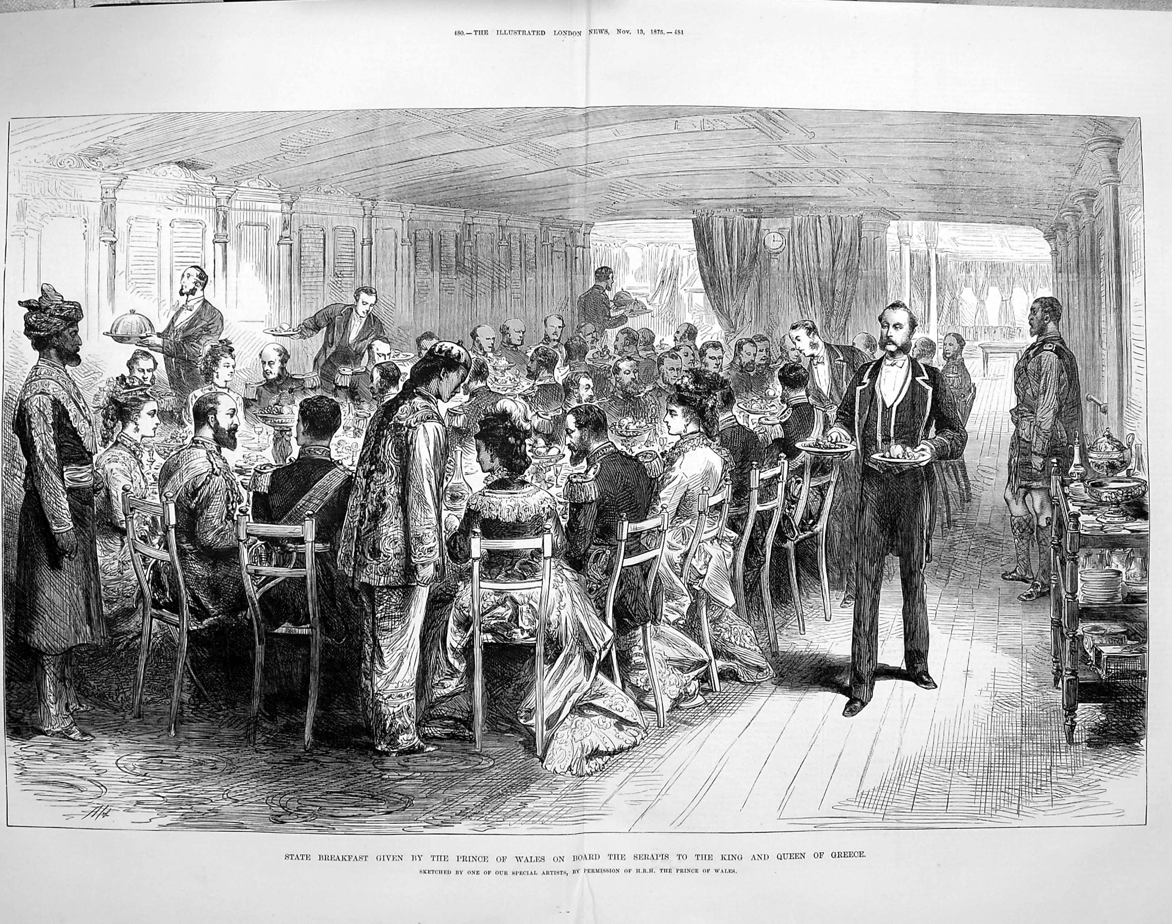 Antique Old Print *4008 1875 Breakfast Prince Wales Ship Serapis King Greece