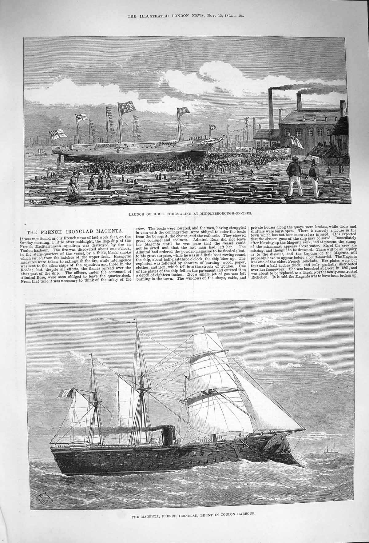 Original Old Antique Print 1875 Ship Tourmaline Middlesborough Magenta Toulon