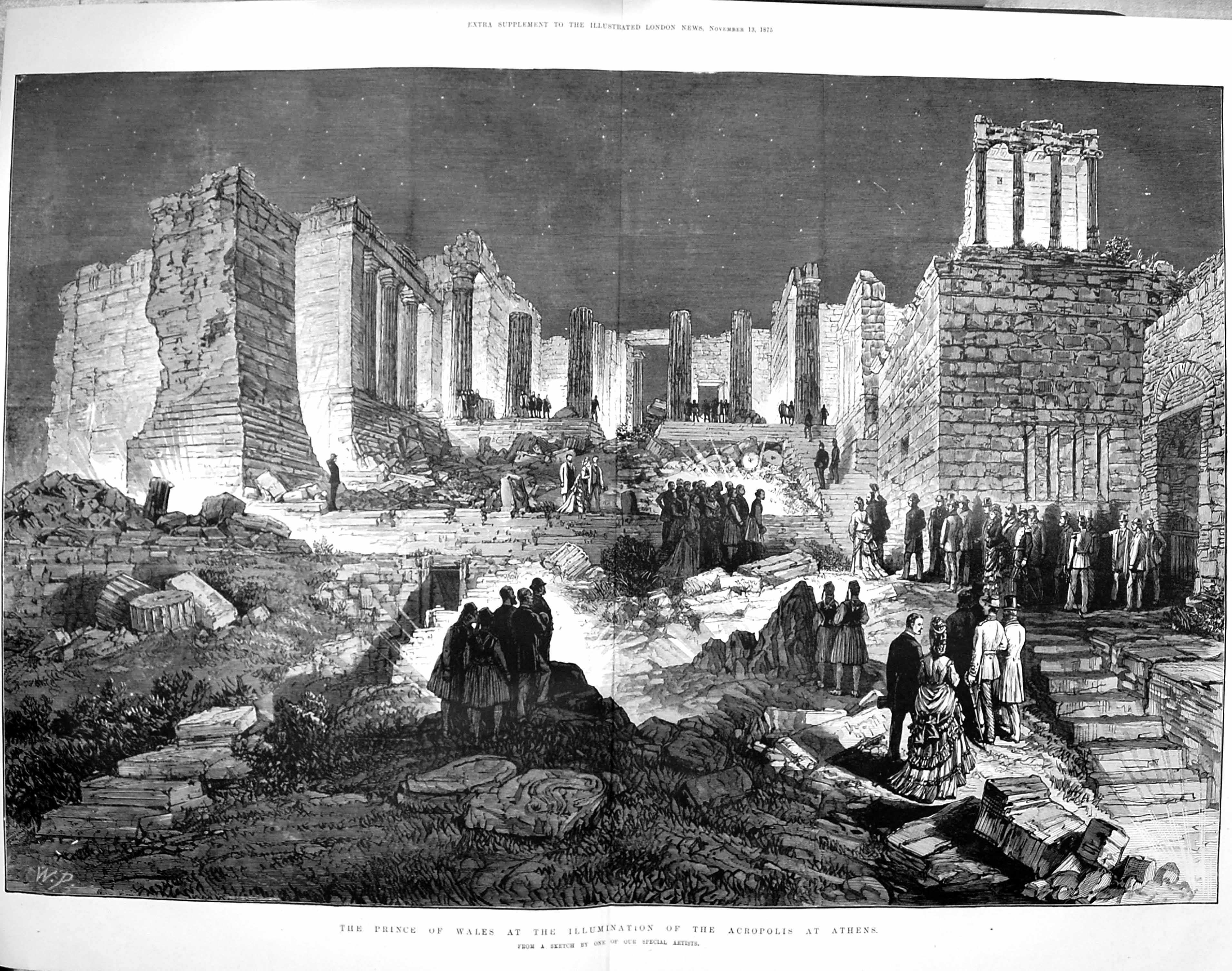 Original Old Antique Print 1875 Prince Wales Acropolis Athens State Barge 19th