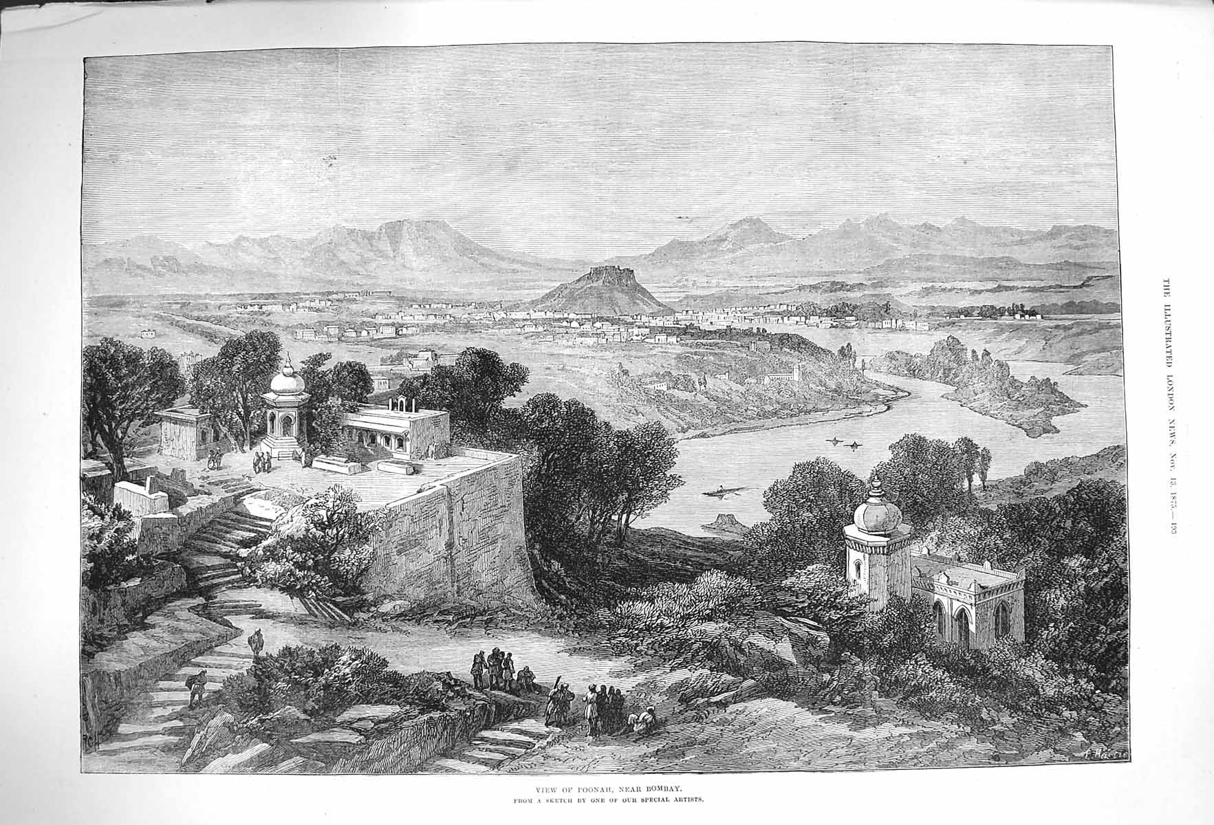 Original Old Antique Print 1875 View Poonah Bombay India Mountains River 19th