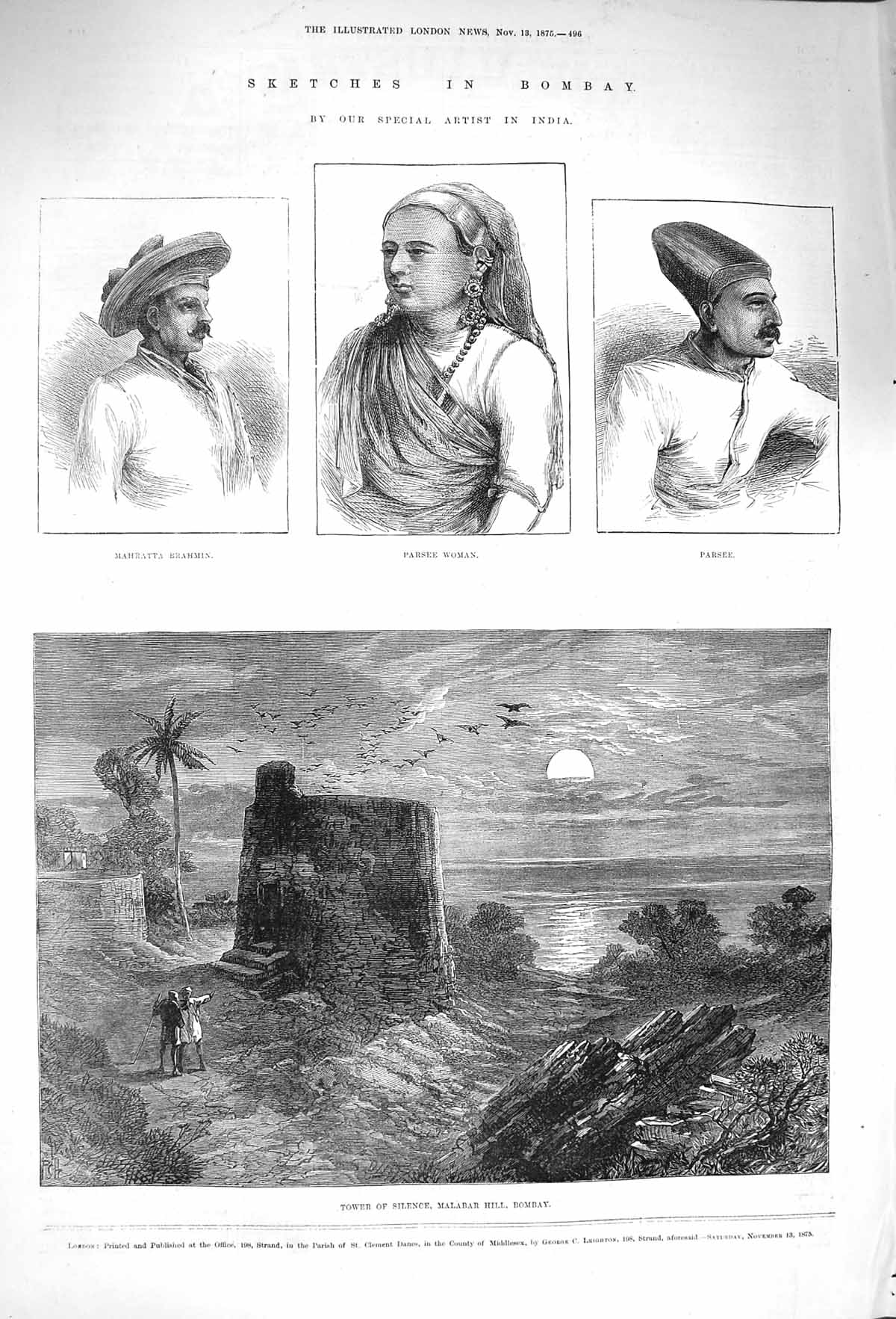 Old Antique Print 1875 Bombay Tower Silence Malabar Brahmin Parsee Lady 19th