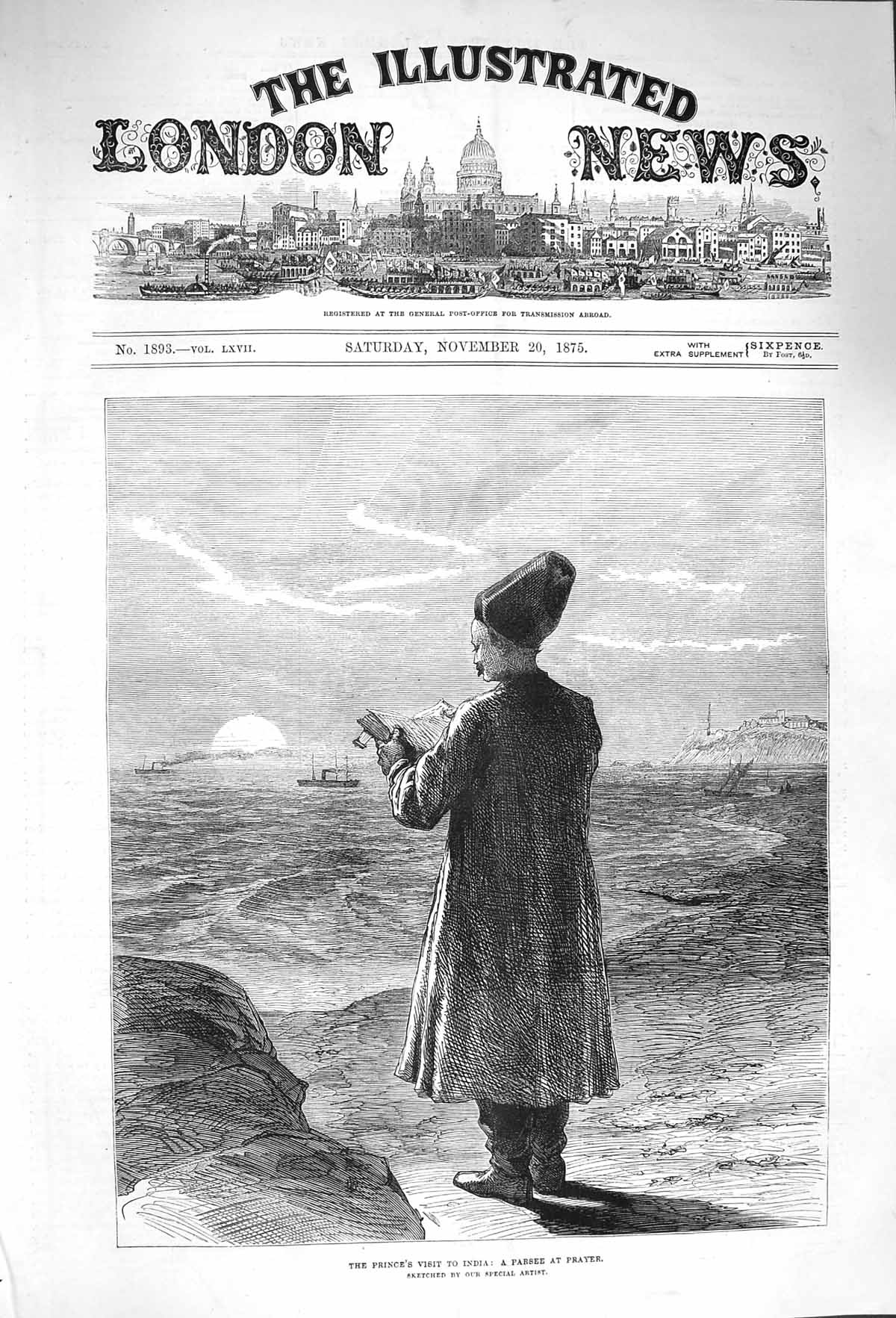 Original Old Antique Print 1875 Prince India Parsee Prayer 19th
