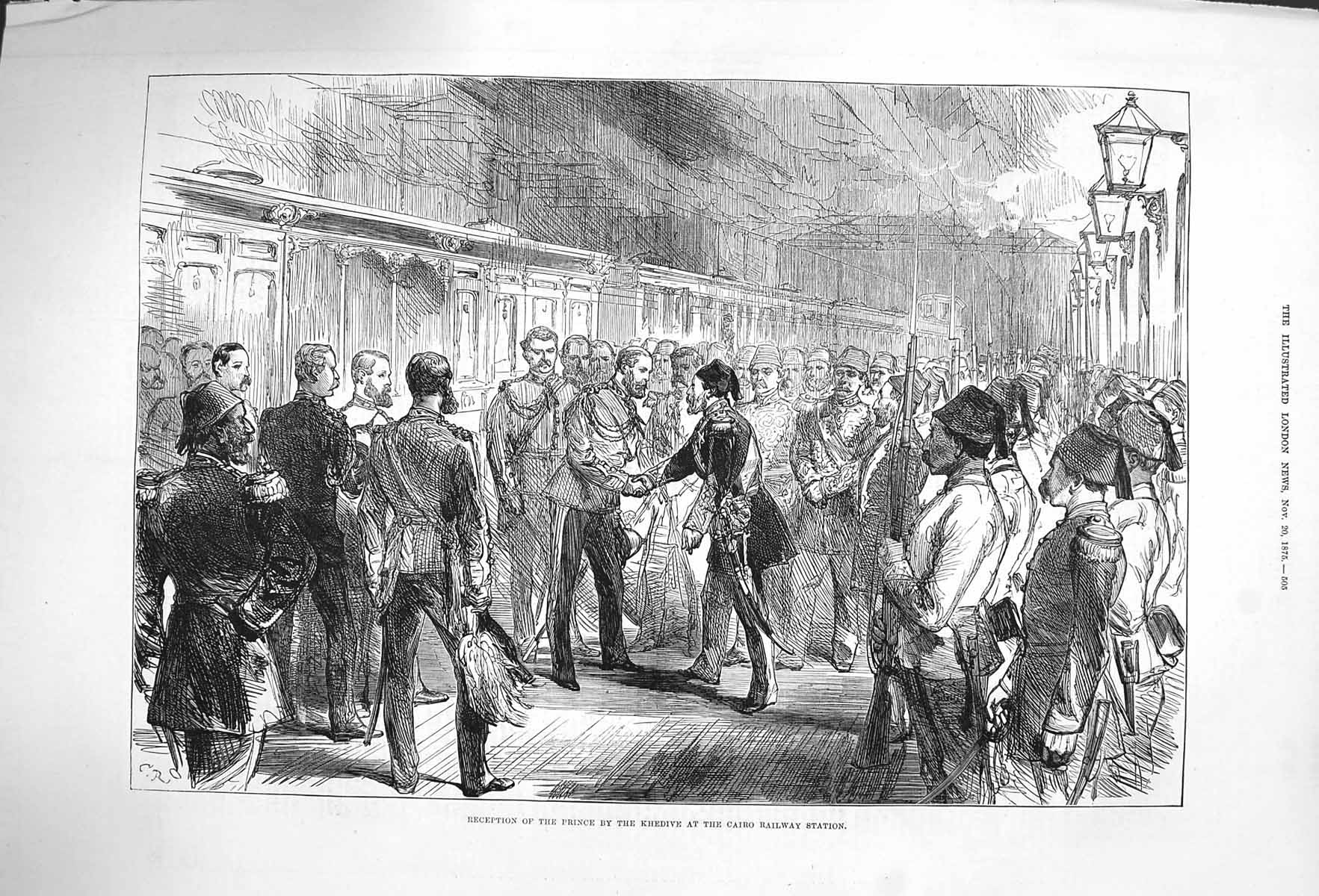 Original Old Antique Print 1875 Prince Khedive Cairo Railway Station Train Army