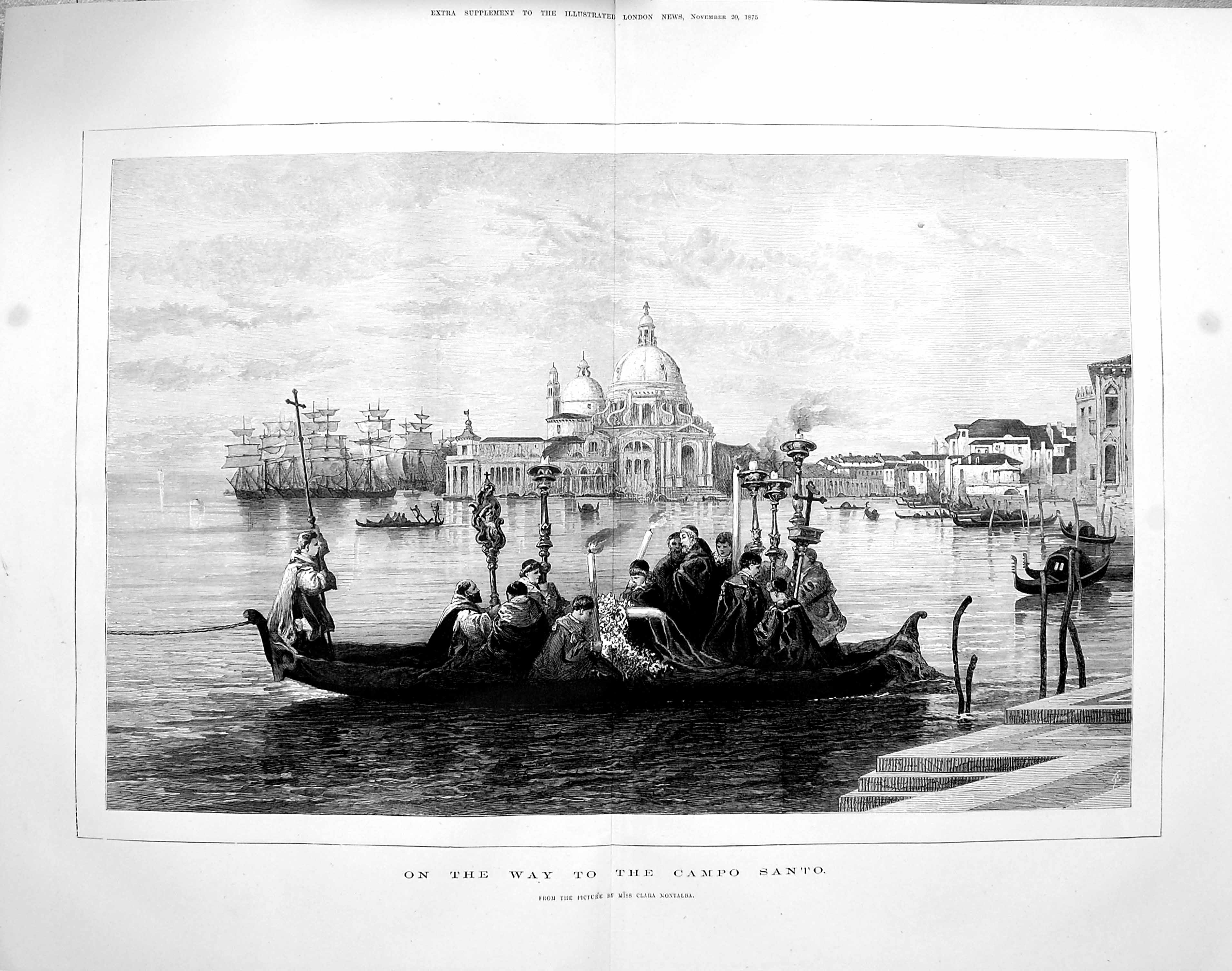Old Antique Print 1875 Canal Boat On The Way Campo Santo Ships Buildings 19th